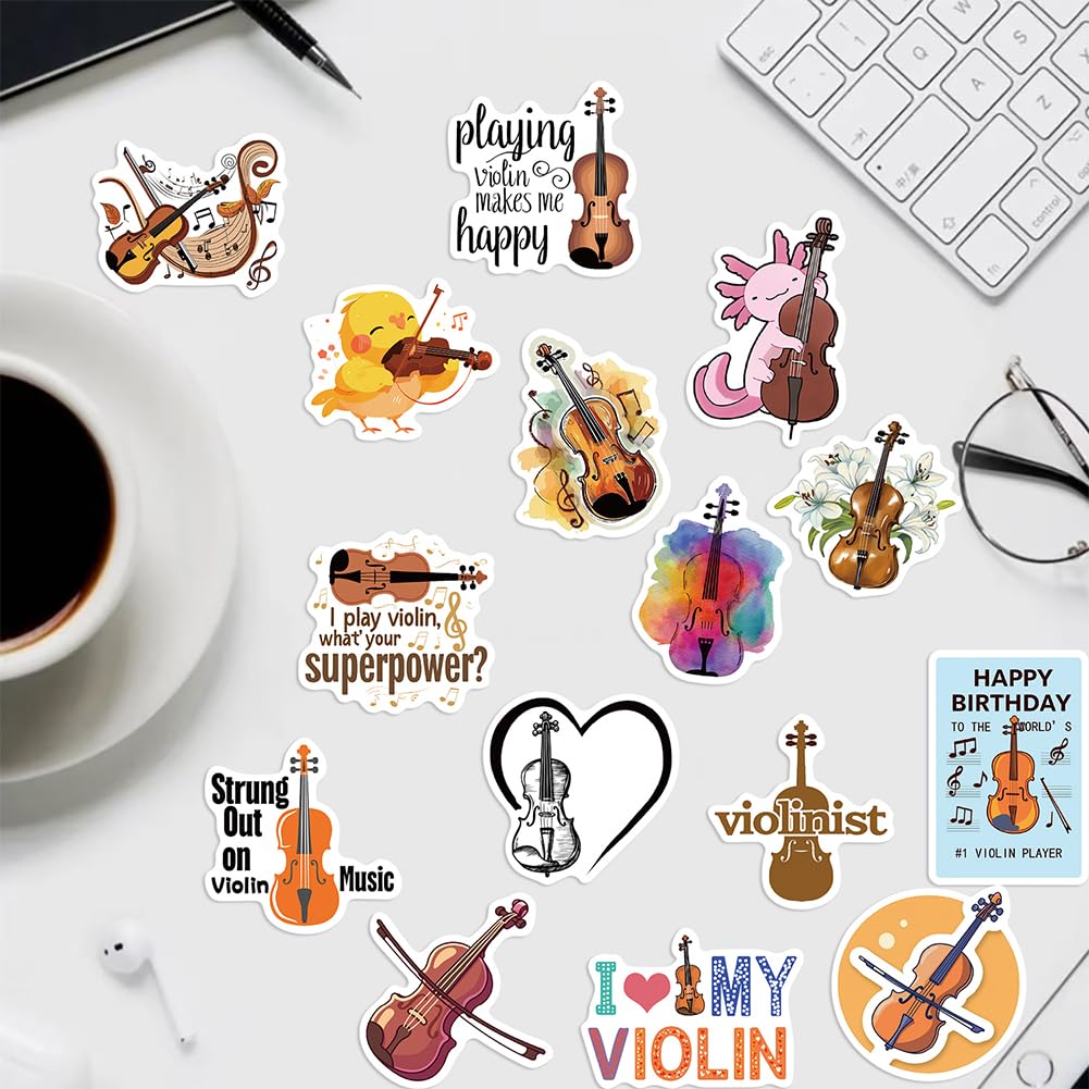 50Pcs Violin Stickers Musical Instrument Waterproof Vinyl Decals | Peel and Stick waterproof sun-proof removable Reusable for Water Bottles Laptop Mobile Phone Skateboard Guitar Decoration