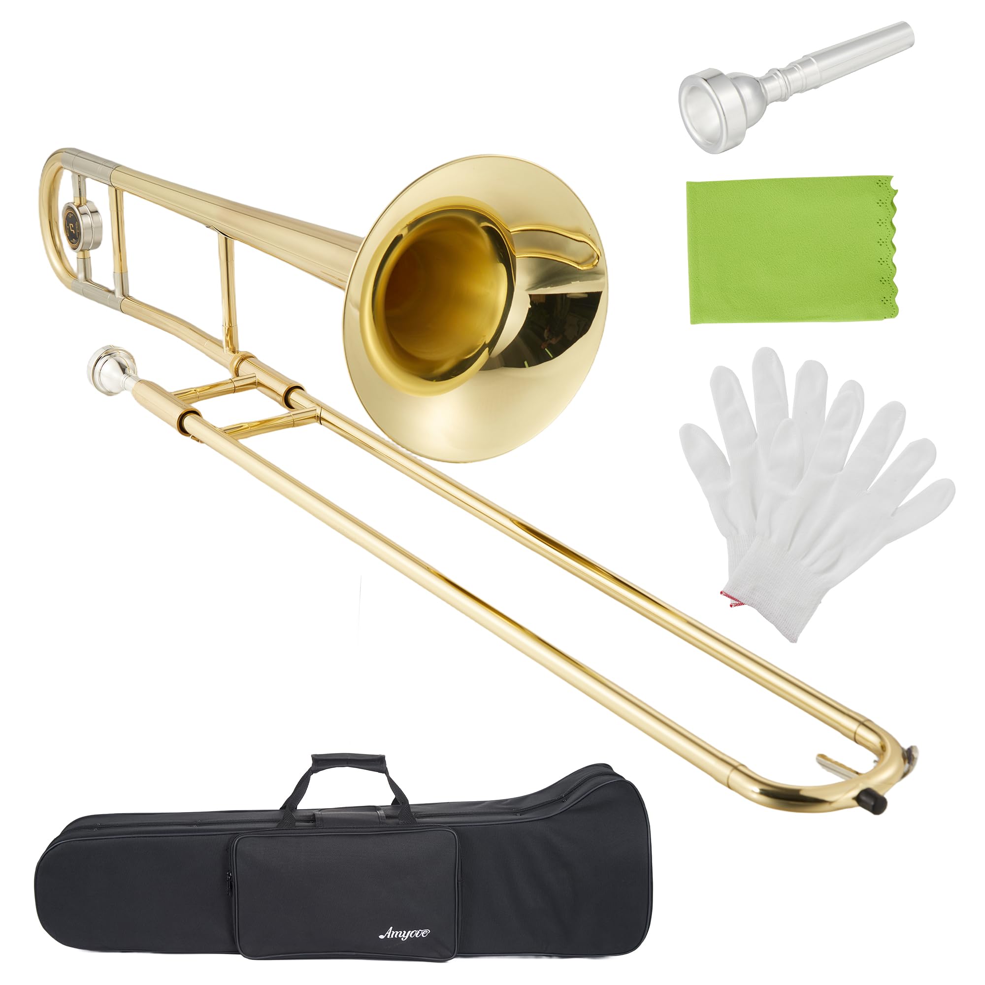 B Flat Alto Trombone, Brass Trombone with Gold Laquer, Includes Mouthpiece, Case, Cleaning Cloth, Gloves