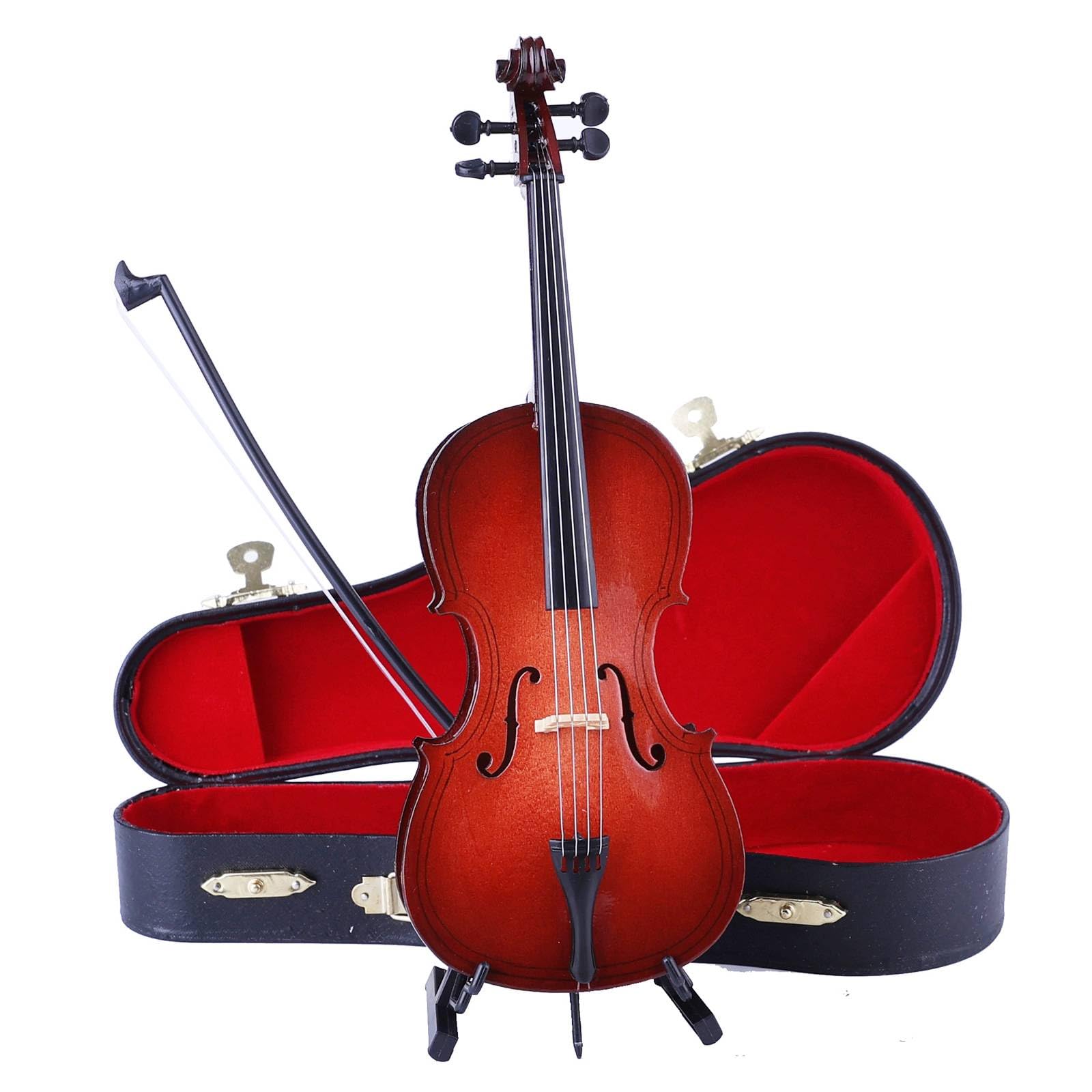Wooden Miniature Cello with Stand, Bow and Case Mini Musical Instrument Cello Replica Collectible Figurines Dollhouse Accessories Model Home Decoration Display Ornament (5.51"x1.97"x0.63")