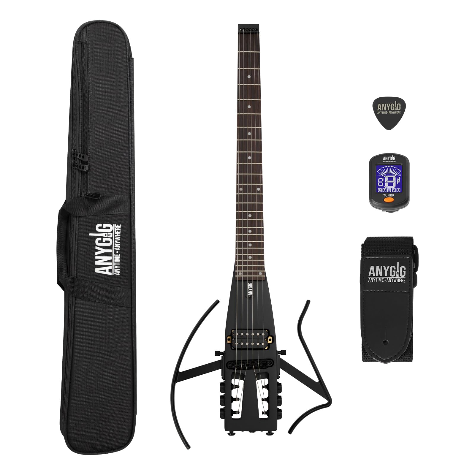 Anygig Travel Electric Guitar Headless – Portable Ultra-Light and Quiet, Full-Scale 25.5” Rosewood Fingerboard, Glow Humbucker, Gig Bag, Removable Stands for Left and Right Black