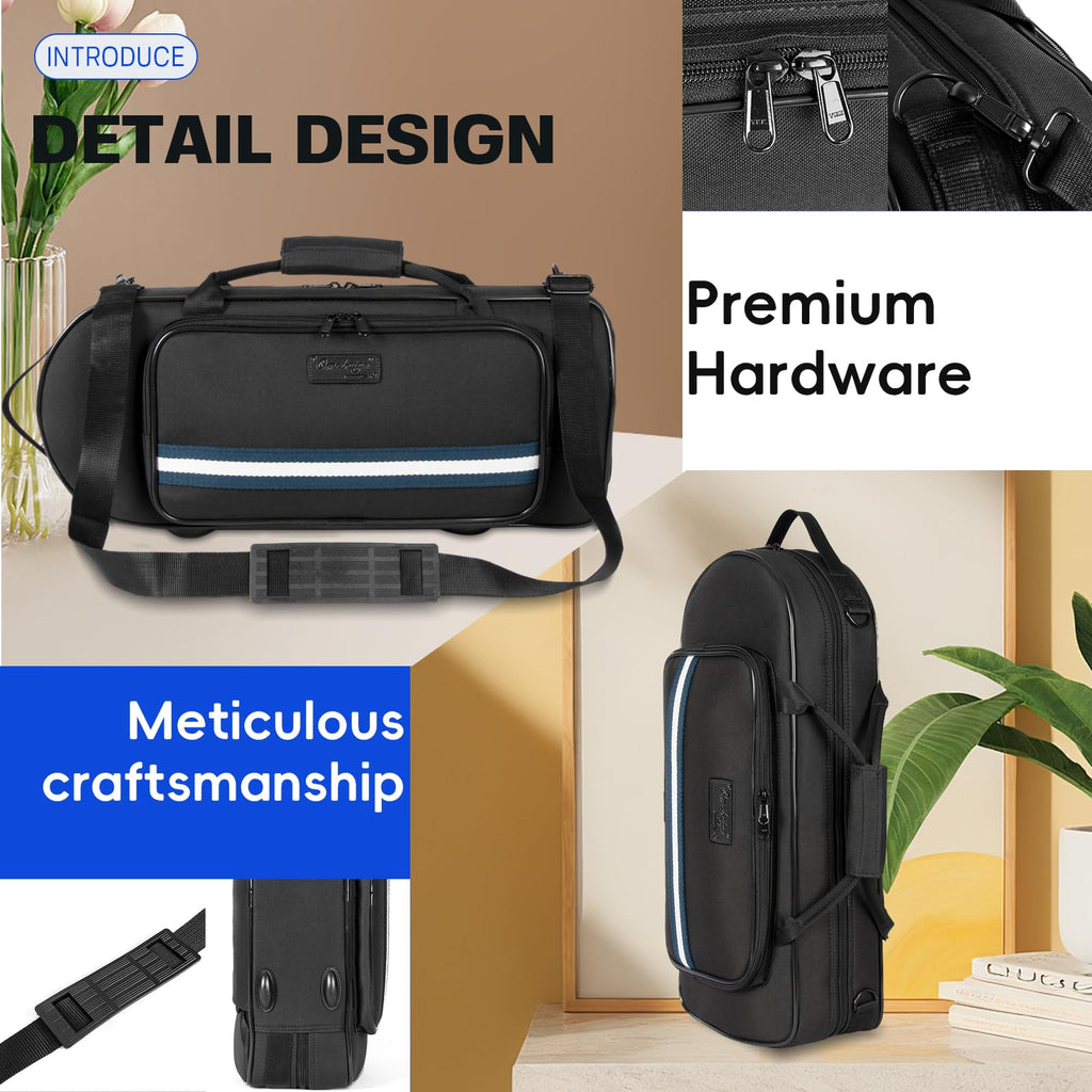 Lightweight Trumpet Case, Soft Gig Bag Backpack;(BGD-TRUMPET-CON) | Lightweight 600D nylon trumpet case with built-in backpack straps, EPS foam protection, velvet lining, storage pocket.