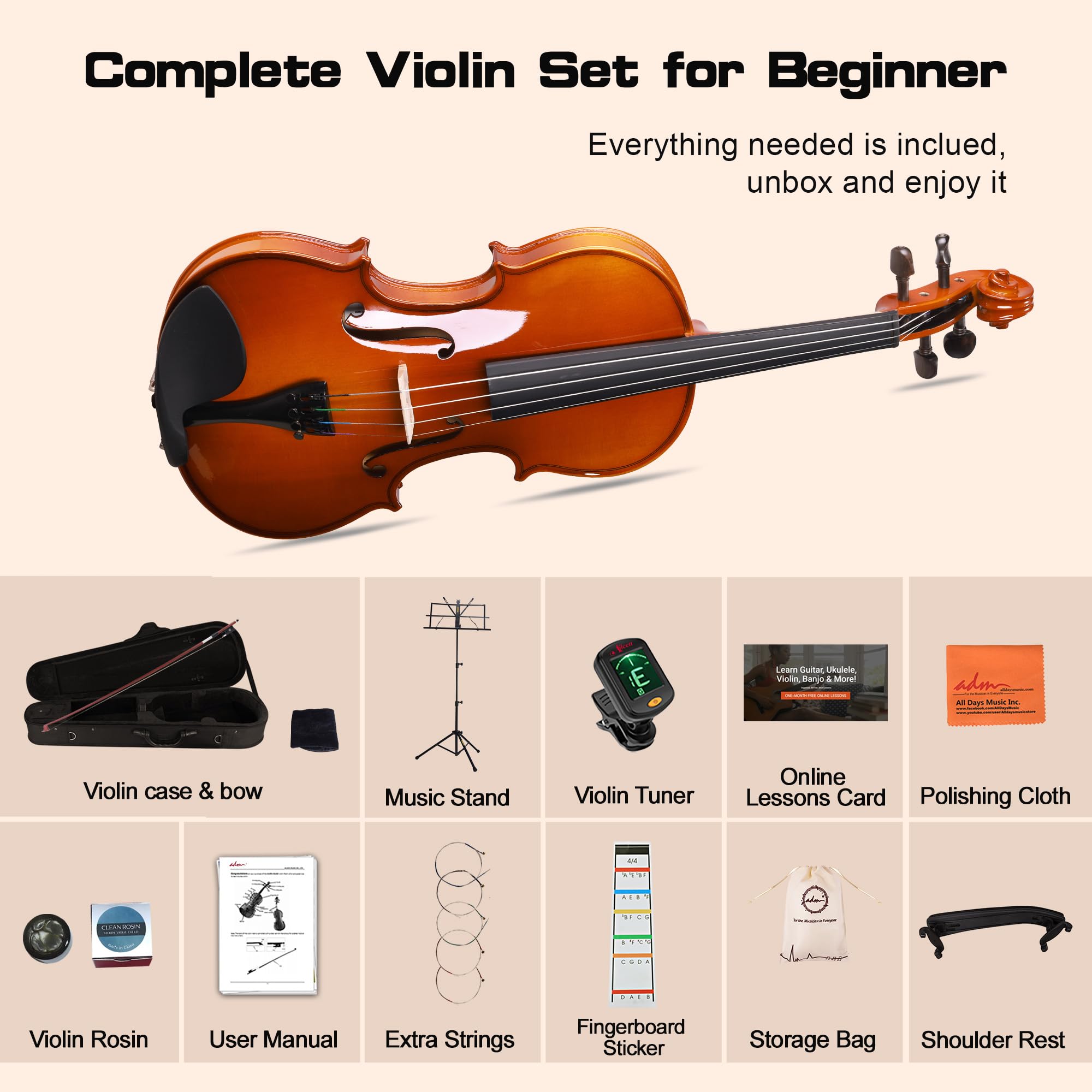 ADM Acoustic Violin for Beginner 4/4 Full Size Violin Set Solid Wood Ebony for Adult Teen Student Starter Kit with Hard Case, Shoulder Rest, Bow, Music Stand, Strings, Free Lessons (Sepia, 4/4 Size)