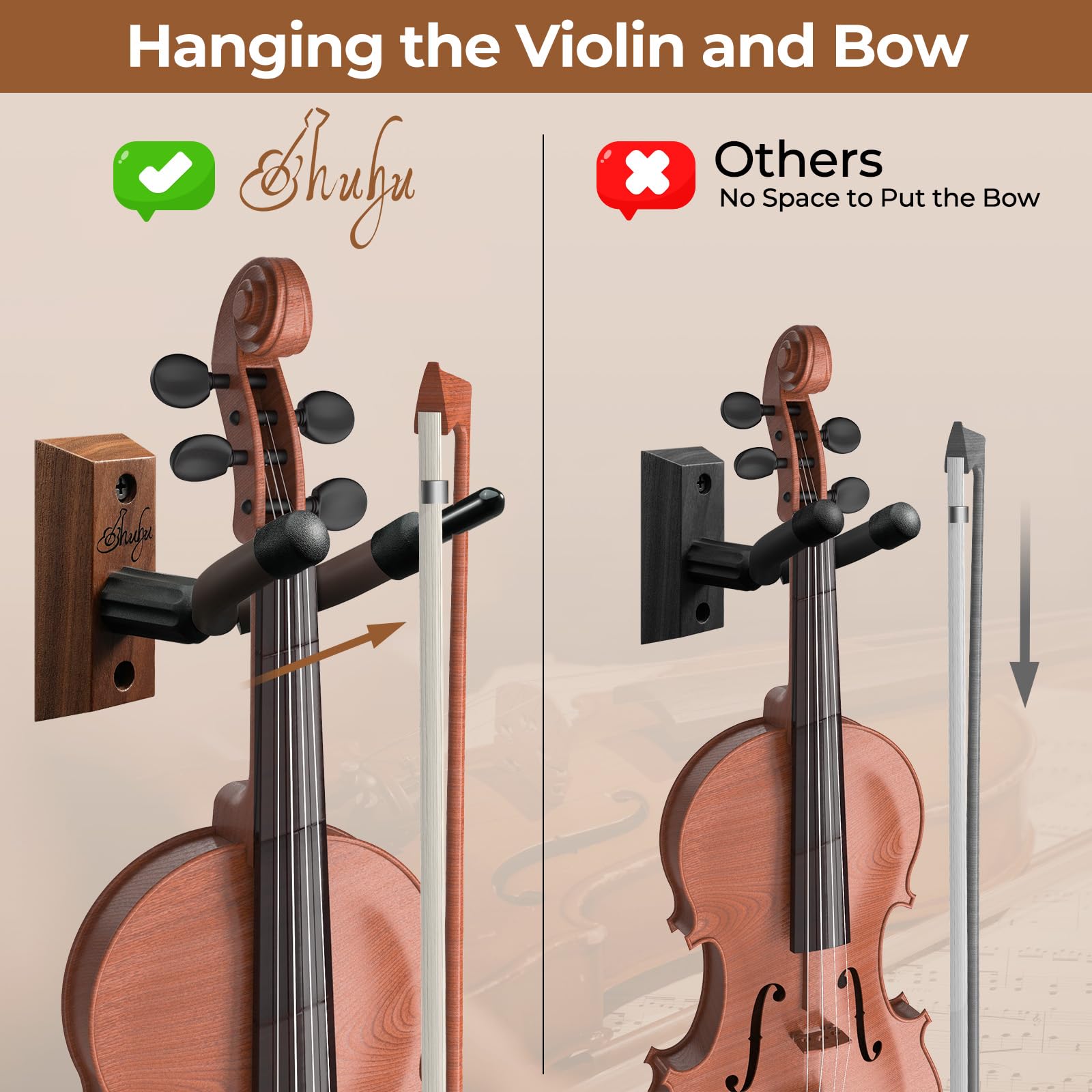 Ohuhu Violin Wall Mount Hanger, Hardwood Violin Viola Hanger with Bow Holder and Soft Padding for Home Studio Decor