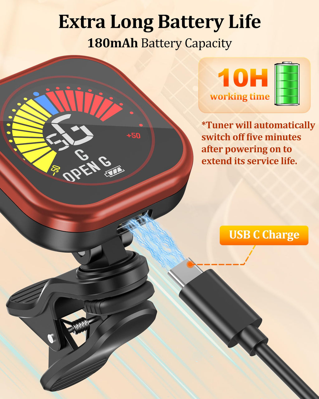 New Bee Guitar Tuner Clip-On Rechargeable with Color Screen 360° Rotatable Acoustic Chromatic Open Tuning for Guitar, Bass, Ukulele, Violin, Cello(Black, 1 Pack)