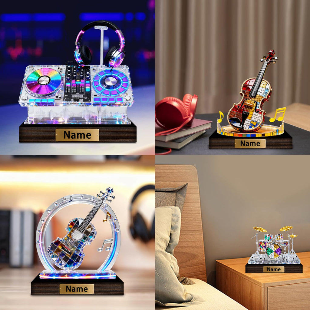 Personalized Name Violin Crystal Desktop Ornaments for Club Bedroom Office Custom Music Theme Stained Glass Acrylic Tabletop Plaque 2D Flat Electric Cello Figurine Sculpture for Violinist Cellist