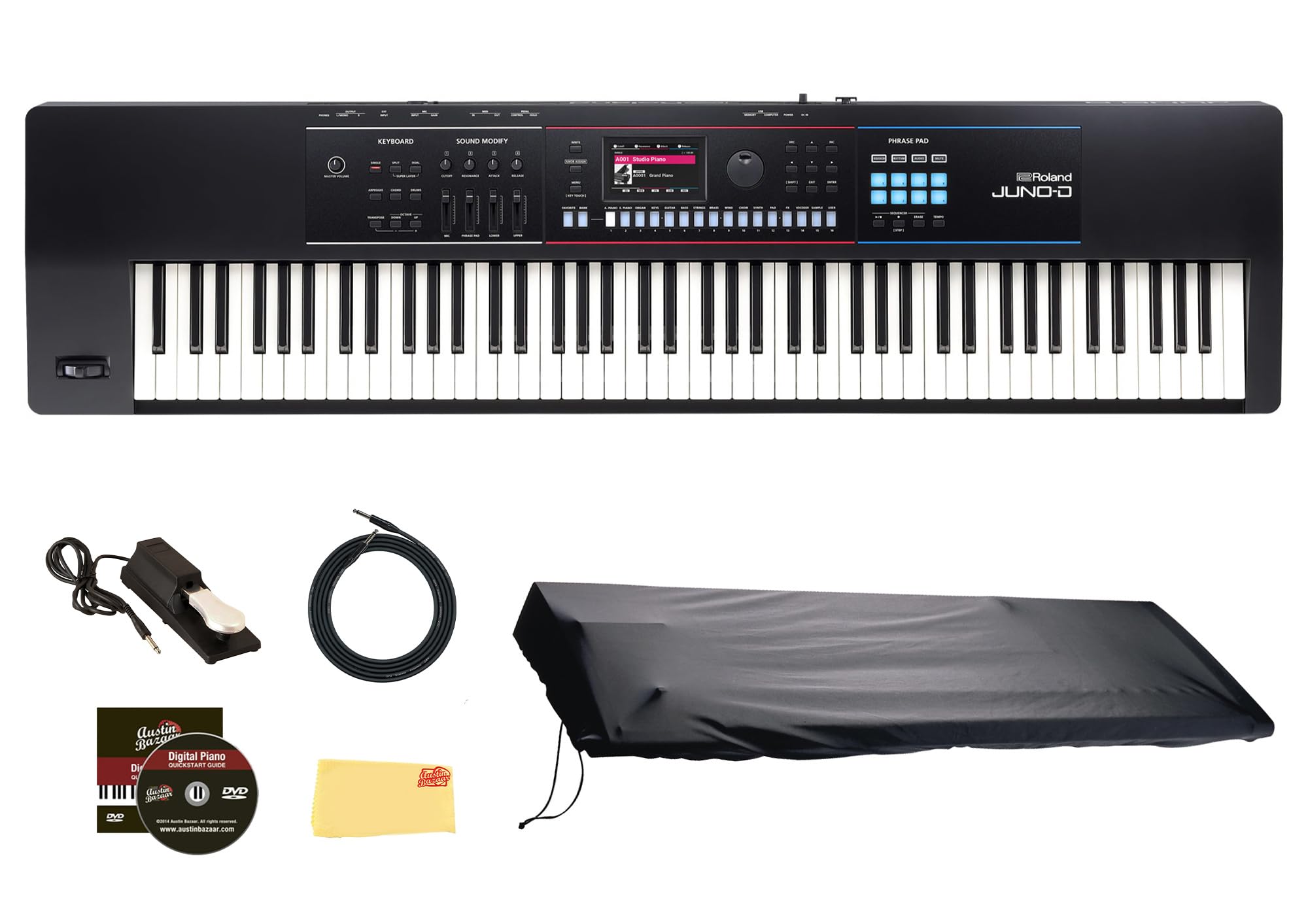 Roland JUNO-D8 Synthesizer Bundle with Adjustable Stand, Bench, Sustain Pedal, Cover, Austin Bazaar Instructional Video, and Polishing Cloth