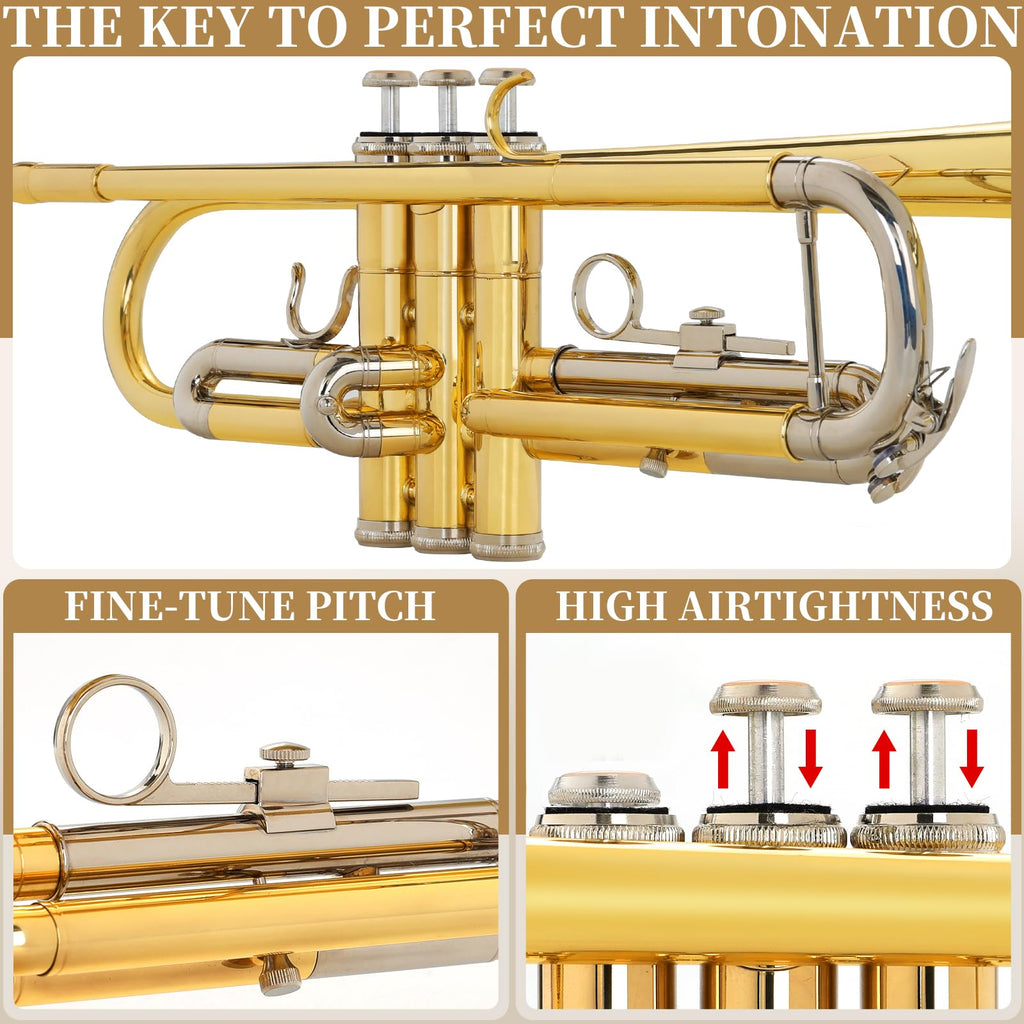 Kmise Bb Standard Trumpet, Premium Brass Trumpets for Student Beginner, Trumpet Instrument Set with Upgraded Case, 7C Mouthpiece, Mute, Beginner's Guide Kit, Cleaning Kit (Gold)