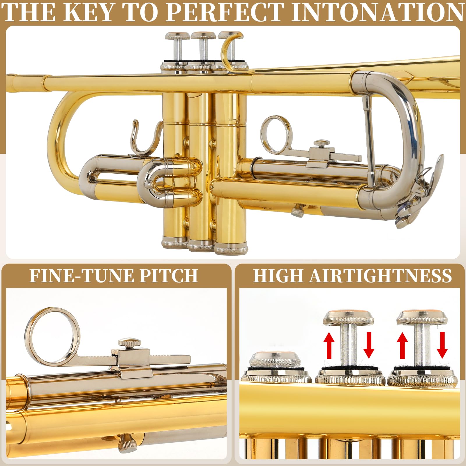 Kmise Bb Standard Trumpet, Premium Brass Trumpets for Student Beginner, Trumpet Instrument Set with Upgraded Case, 7C Mouthpiece, Mute, Beginner's Guide Kit, Cleaning Kit (Gold)