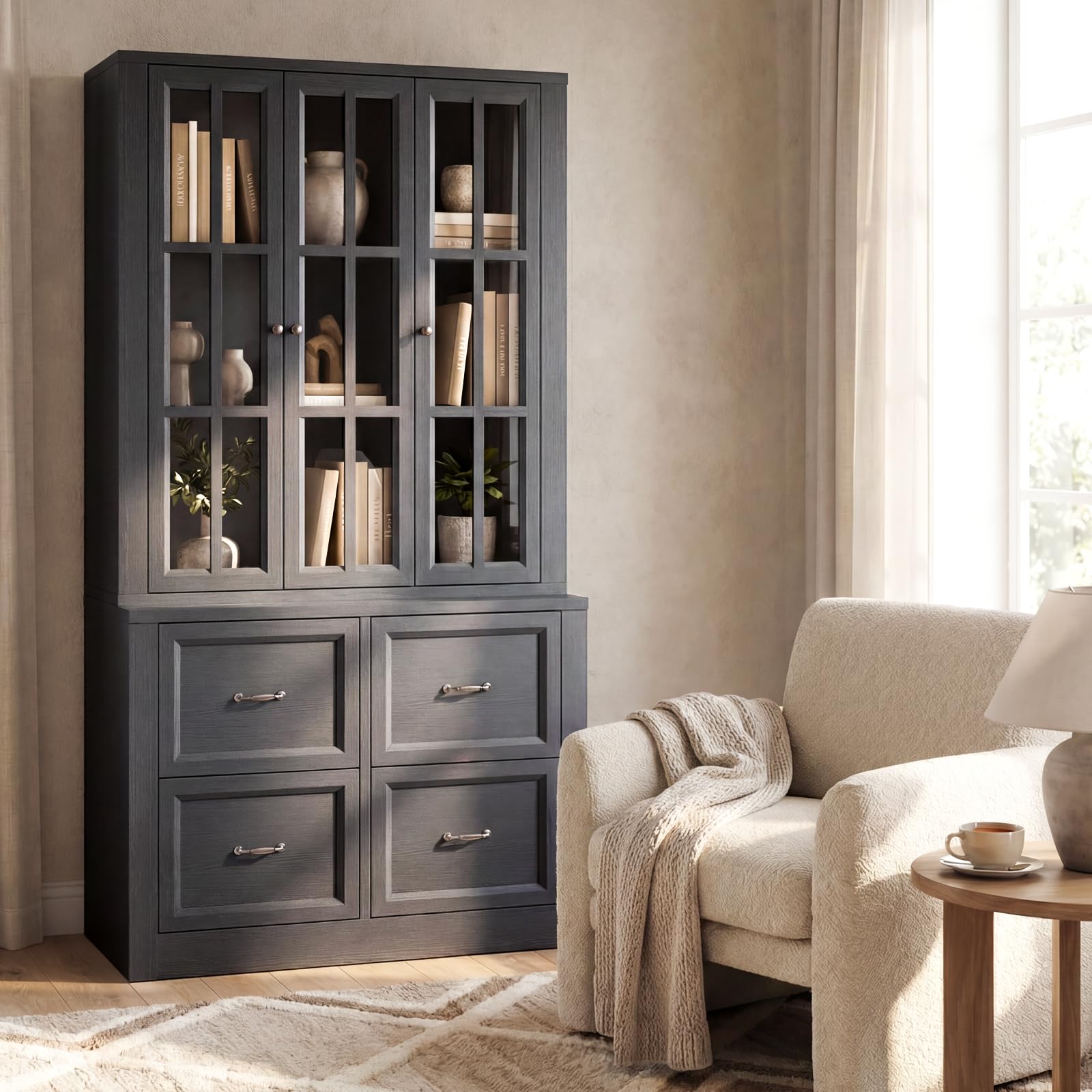 80" Tall Storage Cabinet with Glass Doors, 2-in-1 Modular Bookcase Cabinet, Freestanding Kitchen Pantry Storage Cabinet & Bookshelf for Living Room, Kitchen, Bathroom (4, Cracked Oak, AD)