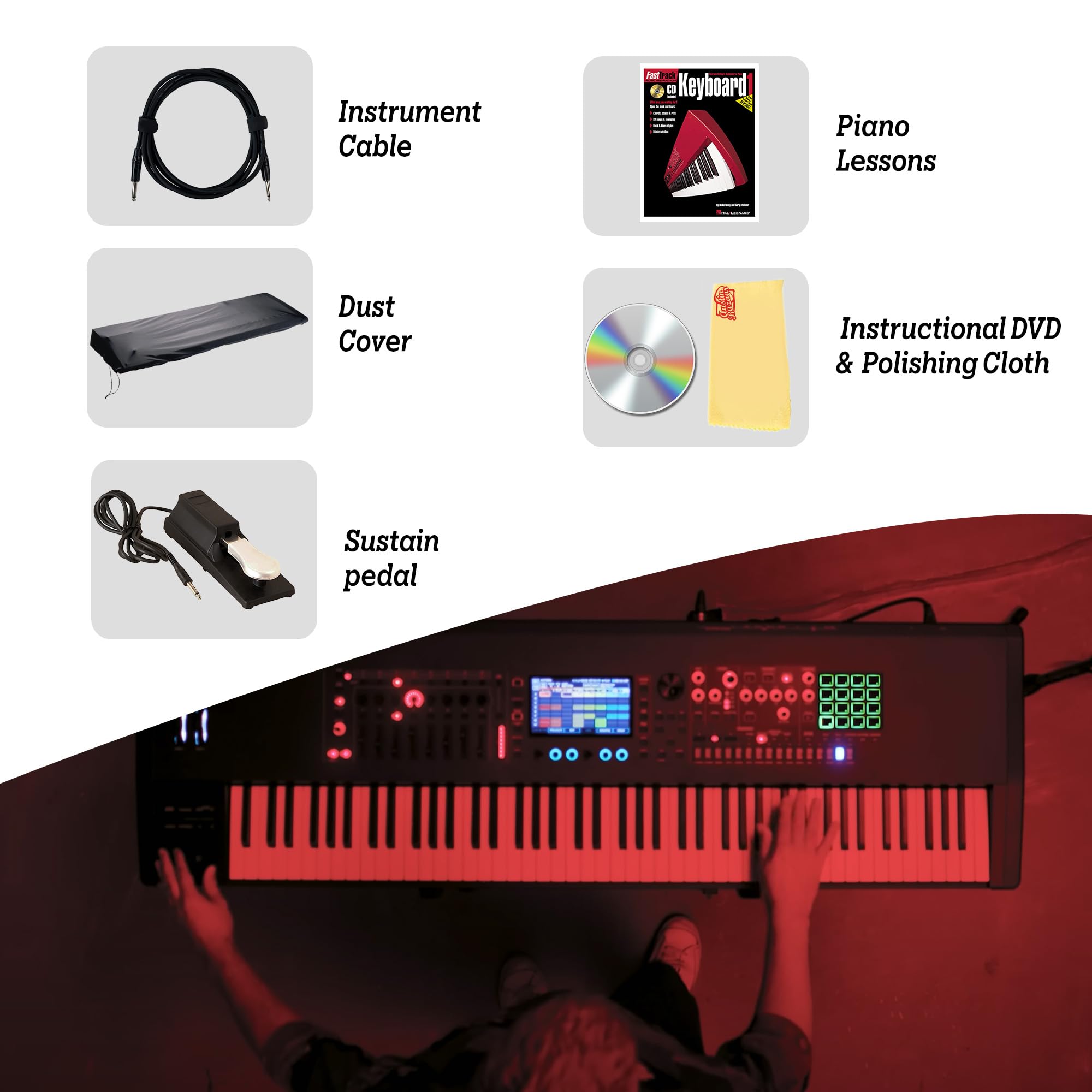 Roland Fantom 8 EX 88-Key Workstation Keyboard Synthesizer Bundle with Adjustable Stand, Sustain Pedal, Online Piano Lessons, Instructional DVD, and Austin Bazaar Polishing Cloth
