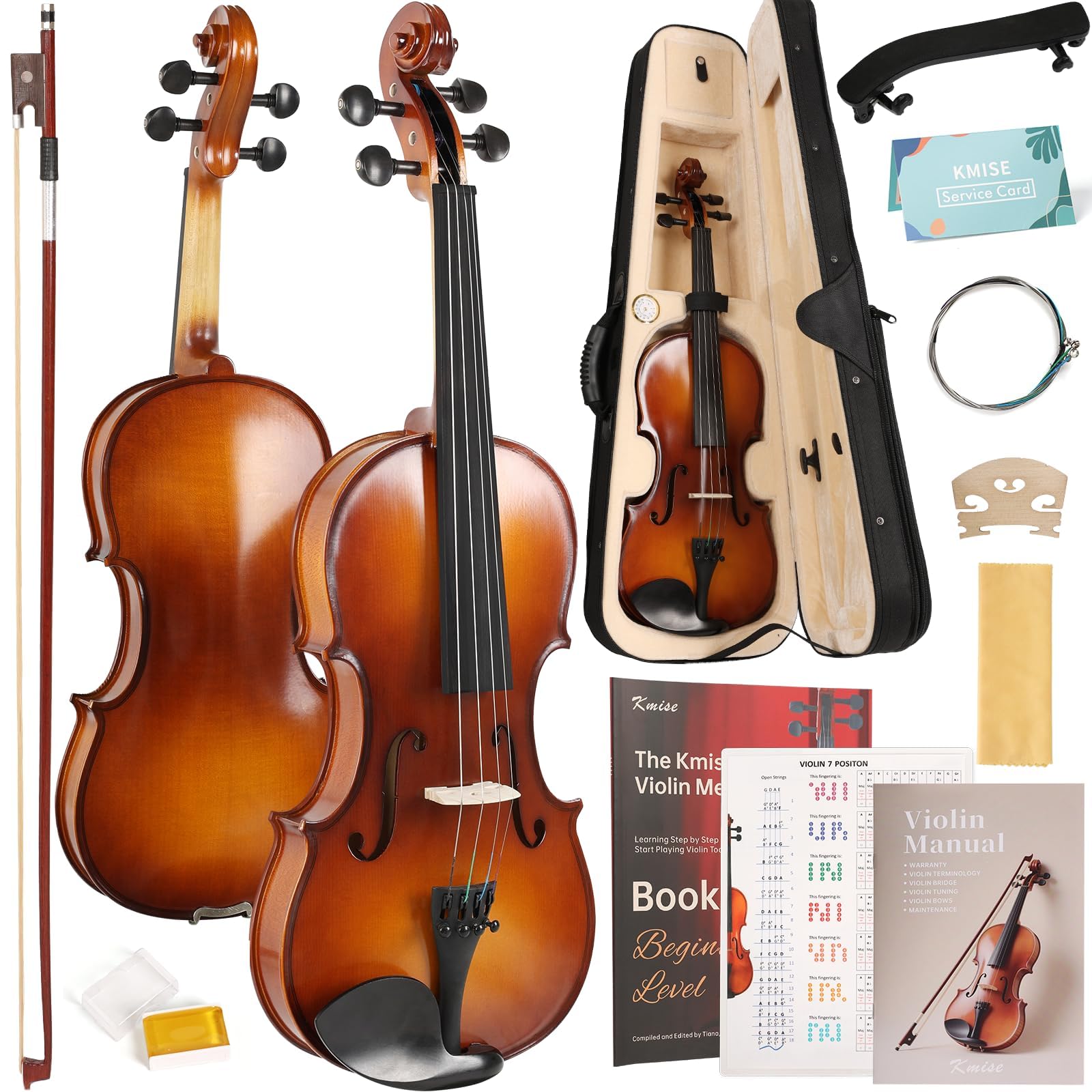 Kmise Violin 4/4 Full Set, Fingerboard Fret Markings Violins, Matte Acoustic Fiddle for Adults, Beginners, Students with Violin Case, Rosin, Strings, Bow, Shoulder Rest, Beginner's Guide (Matte, 4/4)