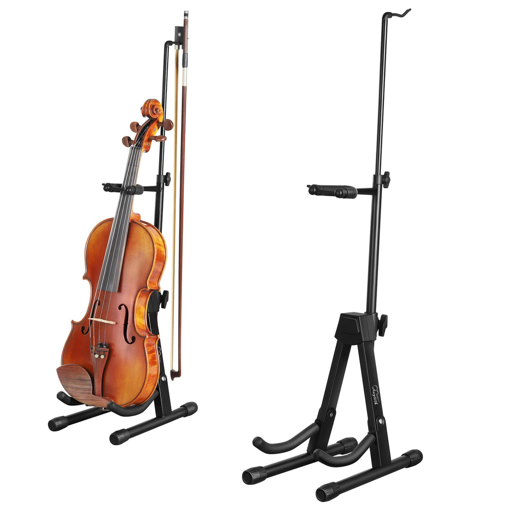 New Upgraded Anti-Tipping Design in Violin Stand with Bow Holder. Adjustable height, non-slip base, and protective head lock. Foldable and portable design for violins, violas, mandolins, and ukuleles.Gray Lockable