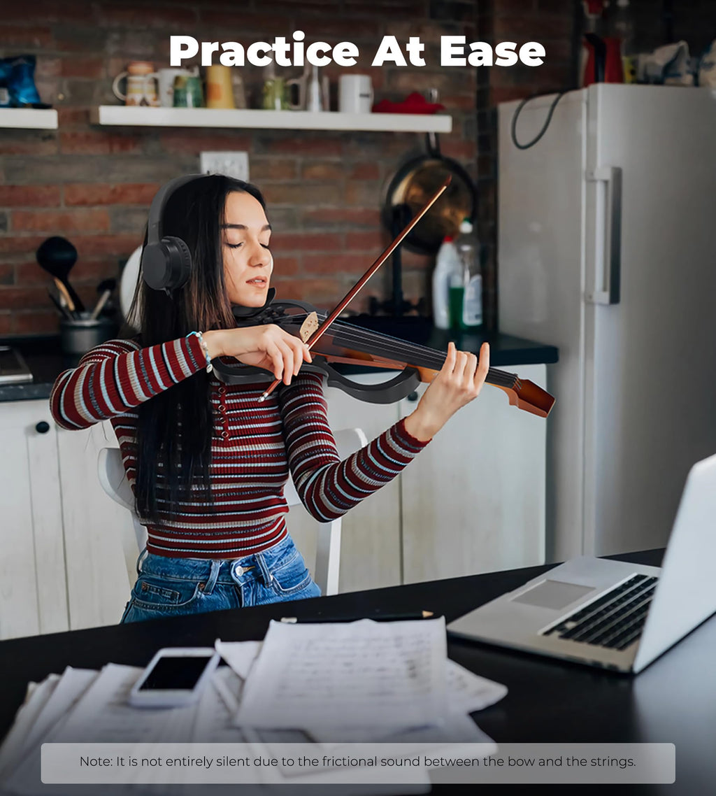 Vangoa Electric Violin 4/4 Full Size, Solid Wood Ebony Silent Violin with Professional Pickup & 3-Band EQ, Headless Lightweight Design, Beginner to Professional Electric Violin Kit, Brown