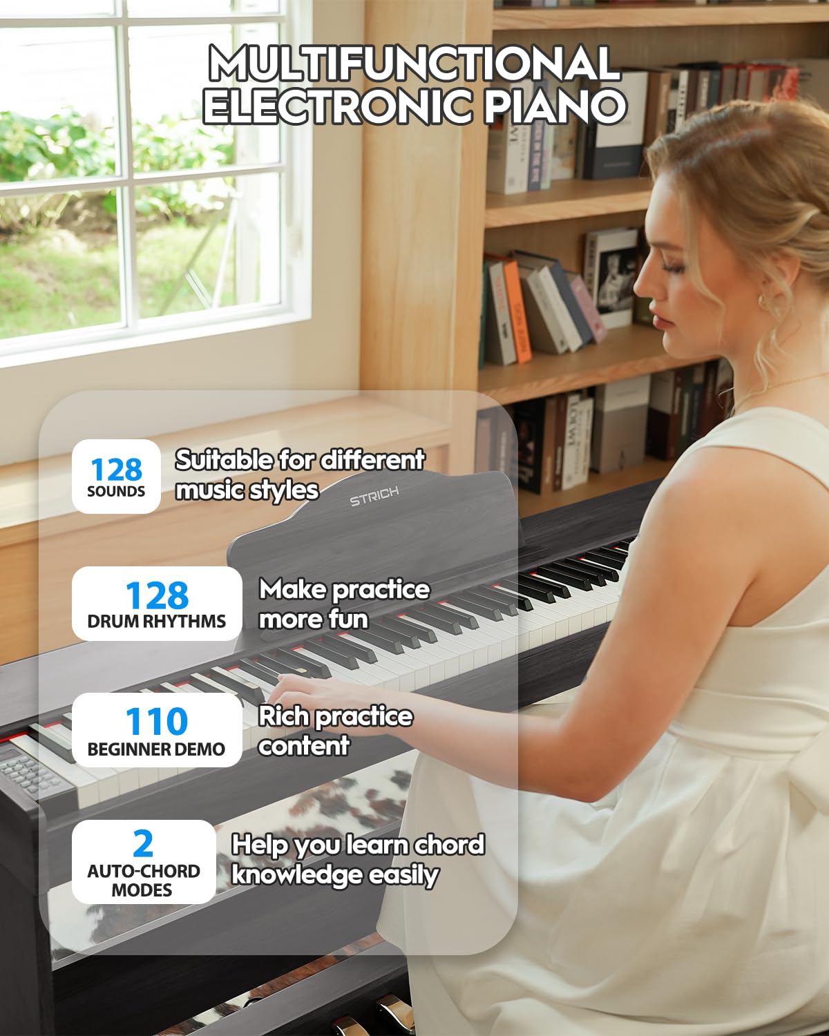 STRICH Digital Piano 88 Keys, Hammer-Action Weighted Keyboard, Full size Electric Piano Keyboard with Furniture Stand, 25Wx2 Speakers, Supports USB-MIDI/Wireless Connect, SDP-300W (Color Walnut Wood)
