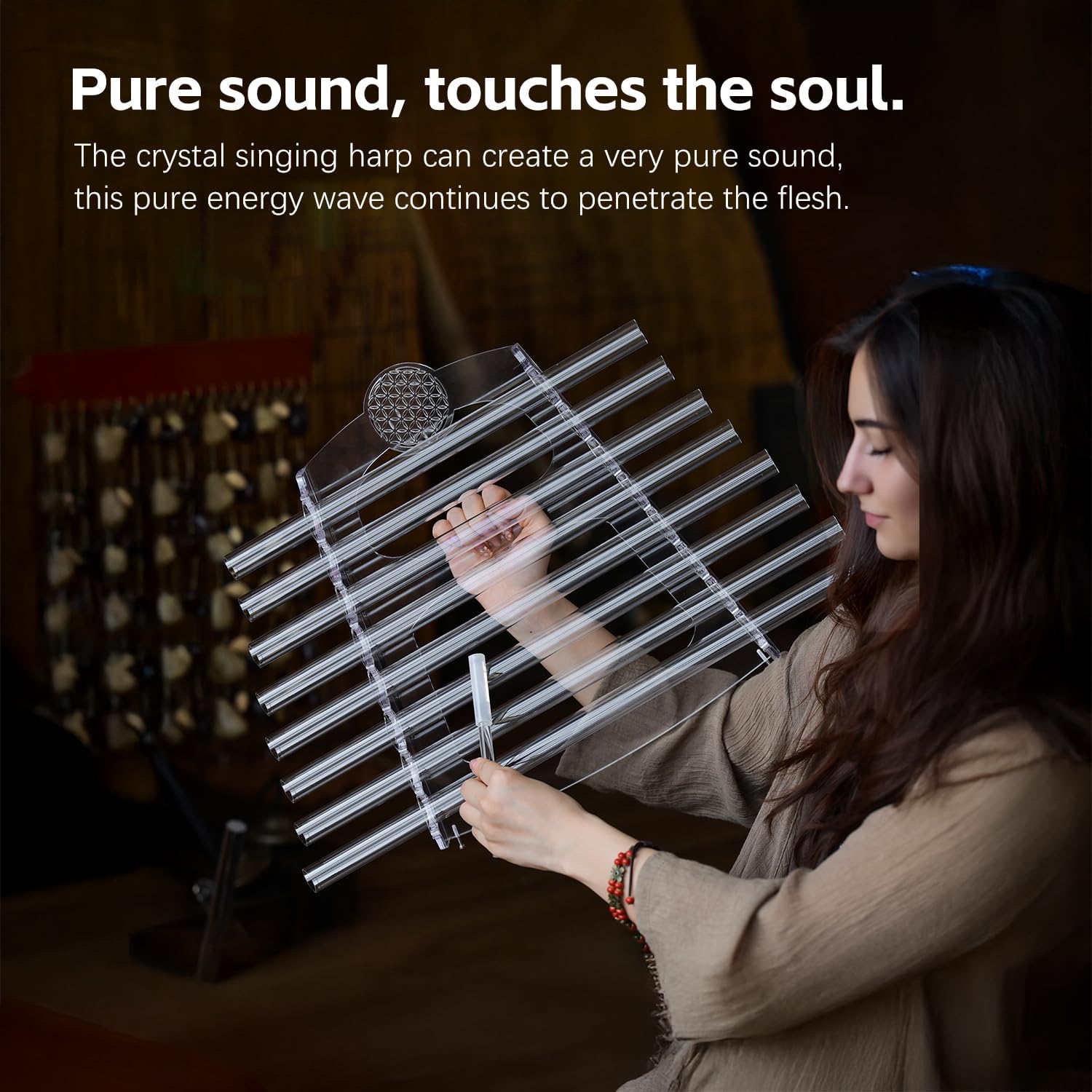 CVNC 432HZ 8 Note CDEFGABC Quartz Crystal Singing Harp with Flower of Life Pattern Including Bracket Alumina Carrry Case for Sound Bath and Meditatiion