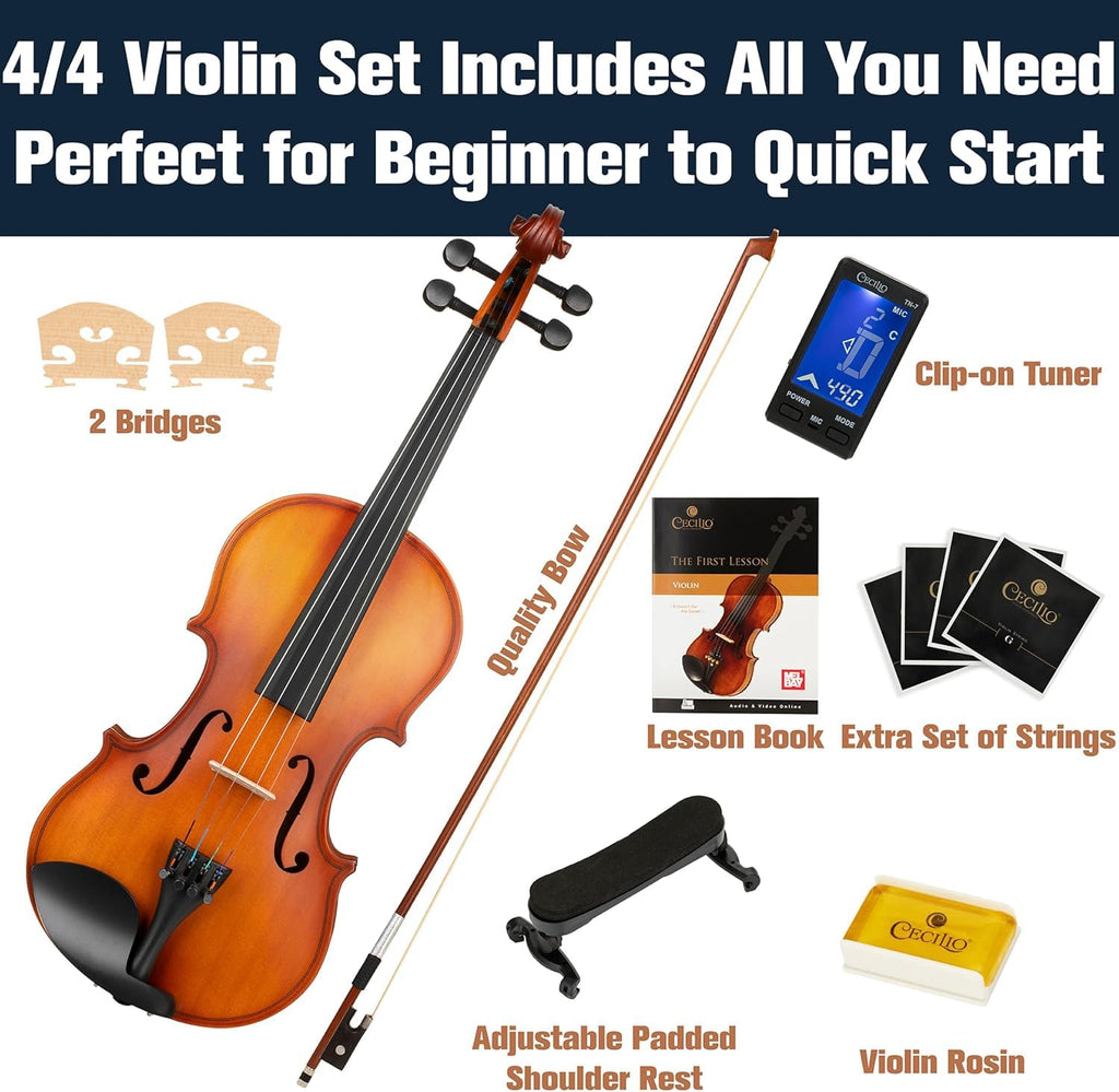 Mendini By Cecilio Violin 4/4 Full Size For Beginners - Fiddle Solidwood Kit with Hard Case - Acoustic Violins with Bow, Rosin, Tuner, Extra Strings & Bridge, Shoulder Rest and Lesson Book (Varnish)