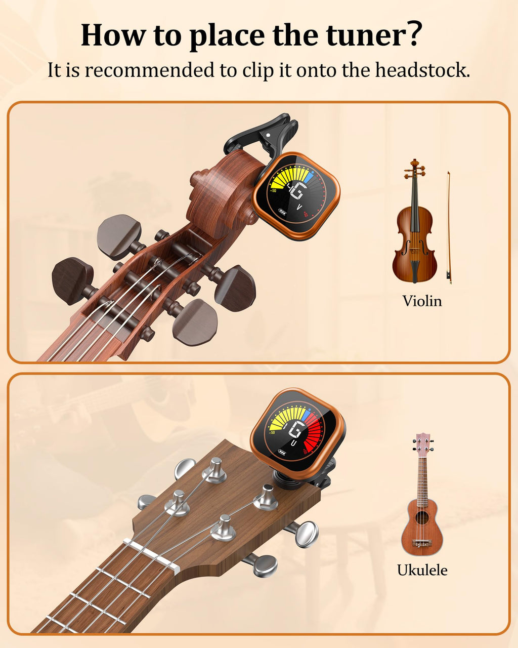 New Bee Guitar Tuner Clip-On Rechargeable with Color Screen 360° Rotatable Acoustic Chromatic Open Tuning for Guitar, Bass, Ukulele, Violin, Cello(Black, 1 Pack)