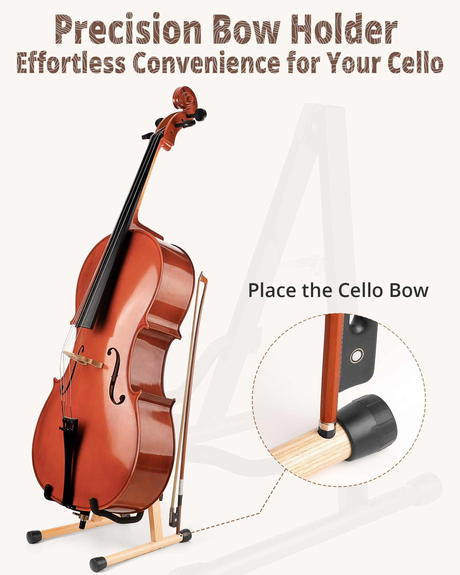 MUSO Cello Stand with Bow Holder,A-Frame Floor Stand with Padded Foam, Handcrafted Cello Rack Fits 1/2, 3/4, 7/8, 4/4 Full-Size and Guitar, Instrument Holder for Home and Studio Display