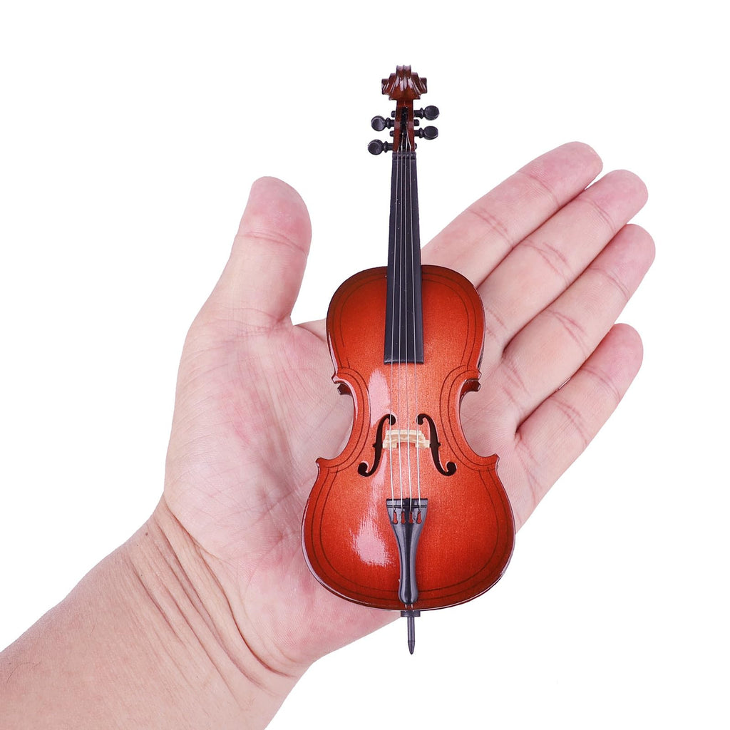 Wooden Miniature Cello with Stand, Bow and Case Mini Musical Instrument Cello Replica Collectible Figurines Dollhouse Accessories Model Home Decoration Display Ornament (5.51"x1.97"x0.63")