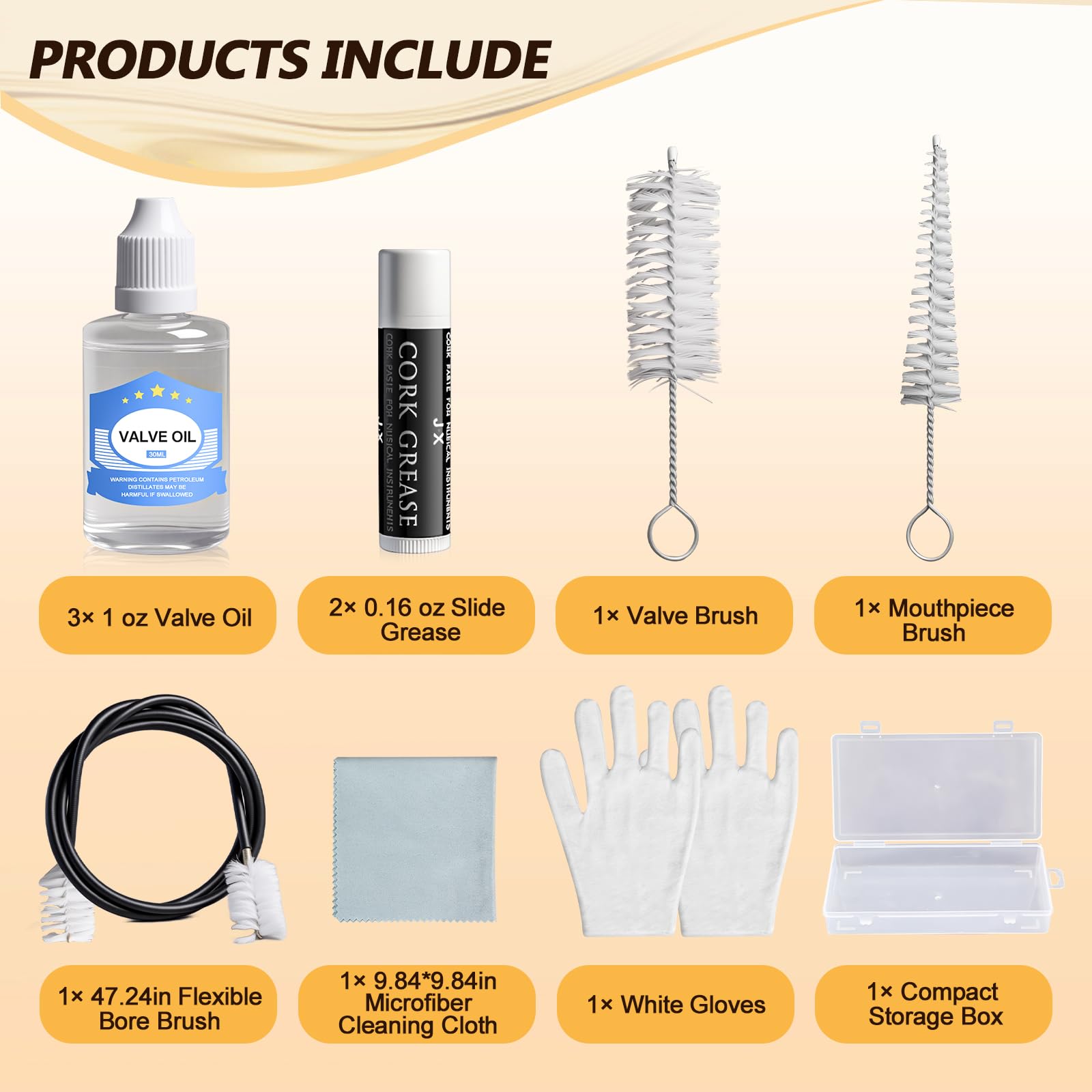 Trumpet Cleaning Kit - 3 Trumpet Lubricating Valve Oil, 2 Slide Grease,Valve, Mouthpiece, Flexible Bore Brush and Cleaning Cloth, Brass Instrument Cleaning and Care Set for Trumpet Maintenance