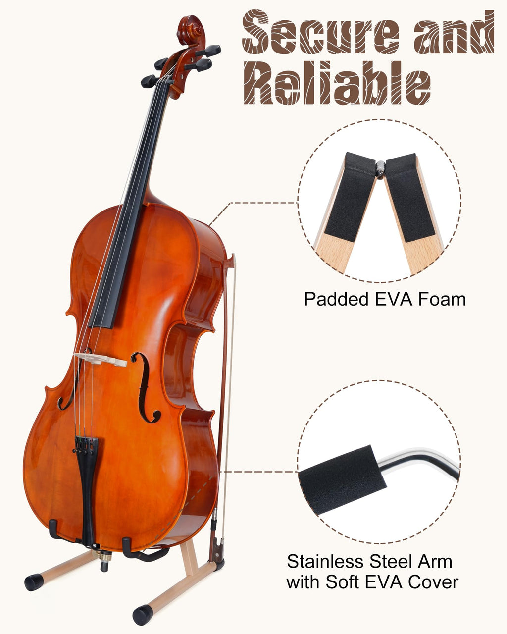 Cello Stand with Bow Holder, Mahogany Wooden A-Shape Floor Stand with Padded Foam, Handcrafted Cello Rack Fits 1/2, 3/4, 7/8, 4/4 Full-Size and Guitar, Instrument Holder for Home and Studio Display