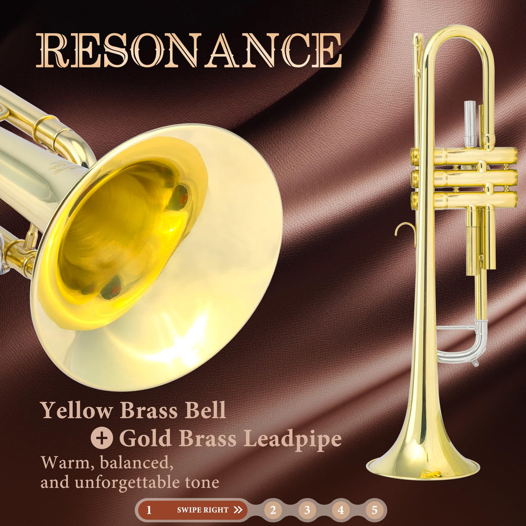 ALLSET Bb Standard Trumpet for Beginners | Student Band, Orchestra, Pro Level Performance | Professional Brass Trumpet Kit with Hard Case, 7C Mouthpiece& Cleaning Kit | Gold