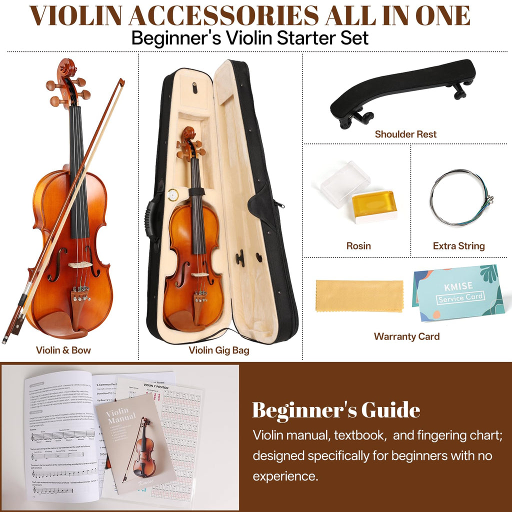Kmise Violin 4/4 Full Set, Fingerboard Fret Markings Violins, Matte Acoustic Fiddle for Adults, Beginners, Students with Violin Case, Rosin, Strings, Bow, Shoulder Rest, Beginner's Guide (Matte, 4/4)