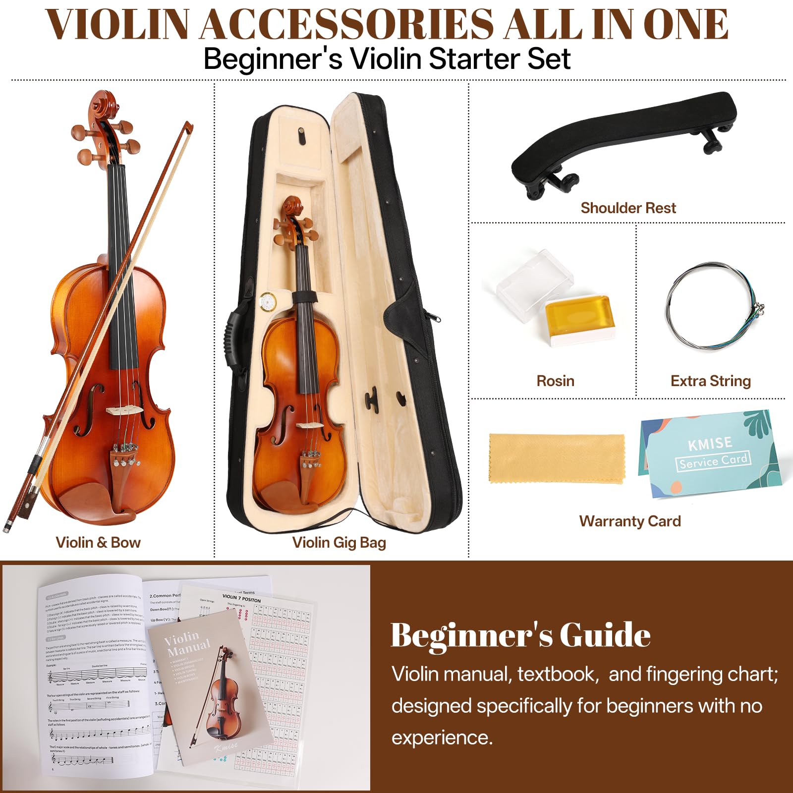 Kmise Violin 4/4 Full Set, Fingerboard Fret Markings Violins, Matte Acoustic Fiddle for Adults, Beginners, Students with Violin Case, Rosin, Strings, Bow, Shoulder Rest, Beginner's Guide (Matte, 4/4)