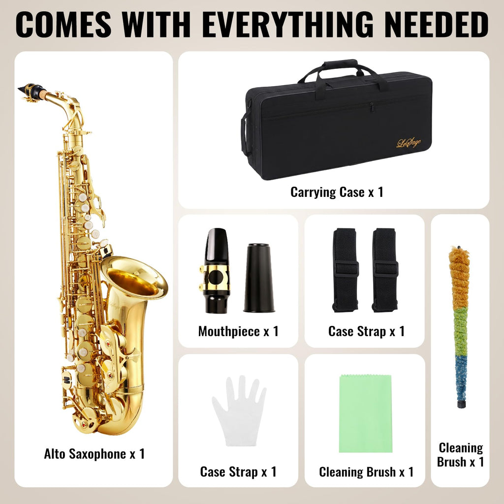 LeSage Alto Saxphone E Flat for Beginners Student School Band Alto Sax Gold Lacquer Music Instrument Saxofon With Carrying Sax Case