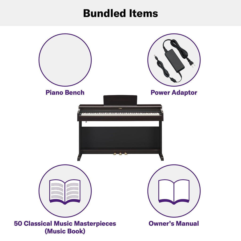 Yamaha Arius Series 88-Key Weighted Action Upright Digital Piano for Beginner and Intermediate Players, Dynamic Response, Grand Piano Sound, 3-pedal Unit, Bench Included, Rosewood YDP105R