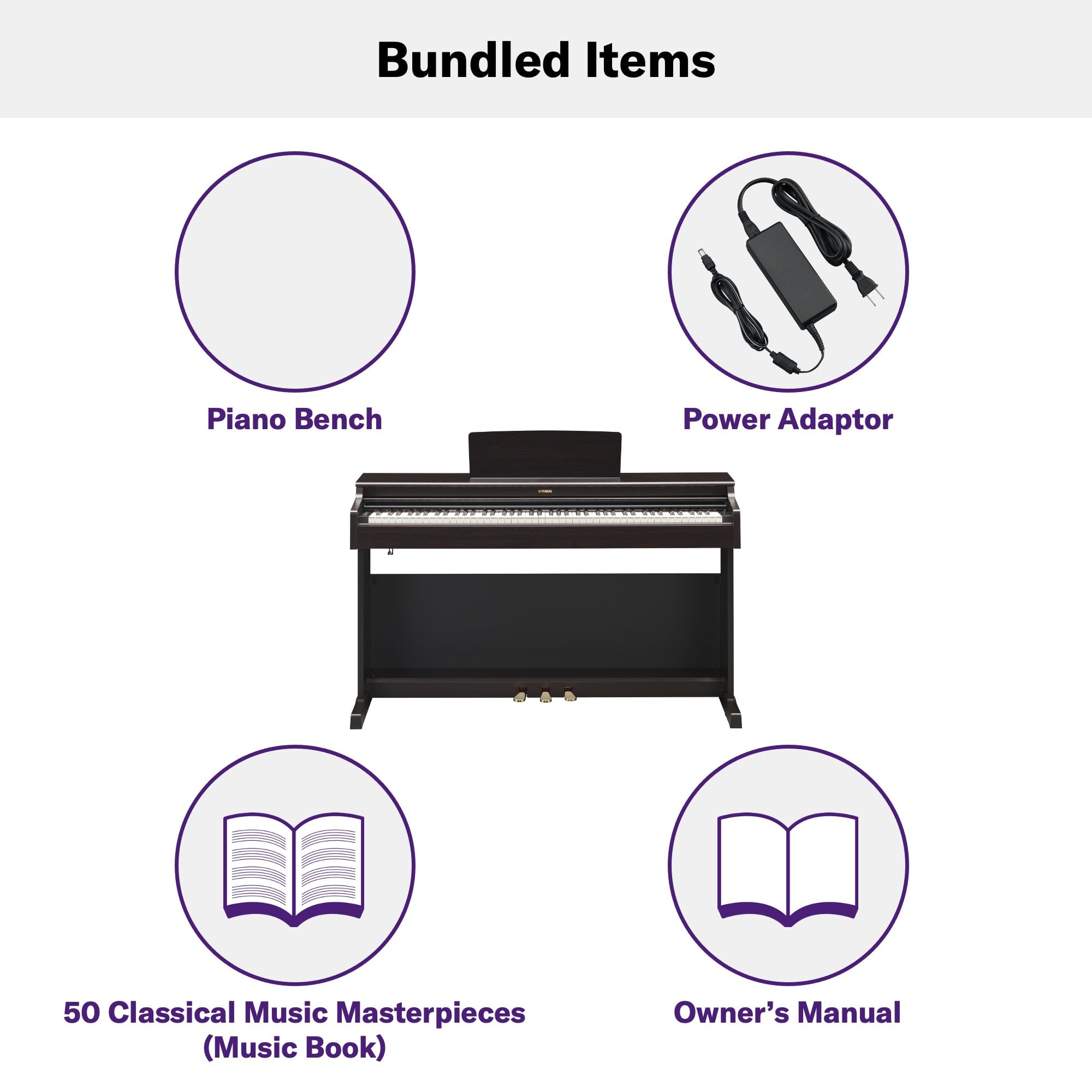 Yamaha Arius Series 88-Key Weighted Action Upright Digital Piano for Beginner and Intermediate Players, Dynamic Response, Grand Piano Sound, 3-pedal Unit, Bench Included, Rosewood YDP105R