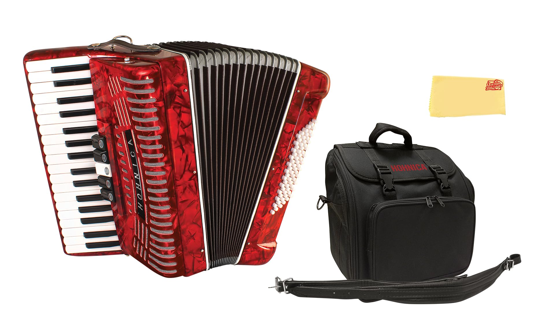 Hohner Hohnica 1305 72 Bass Piano Accordion - Pearl Red Bundle with Gig Bag, Straps, and Austin Bazaar Polishing Cloth
