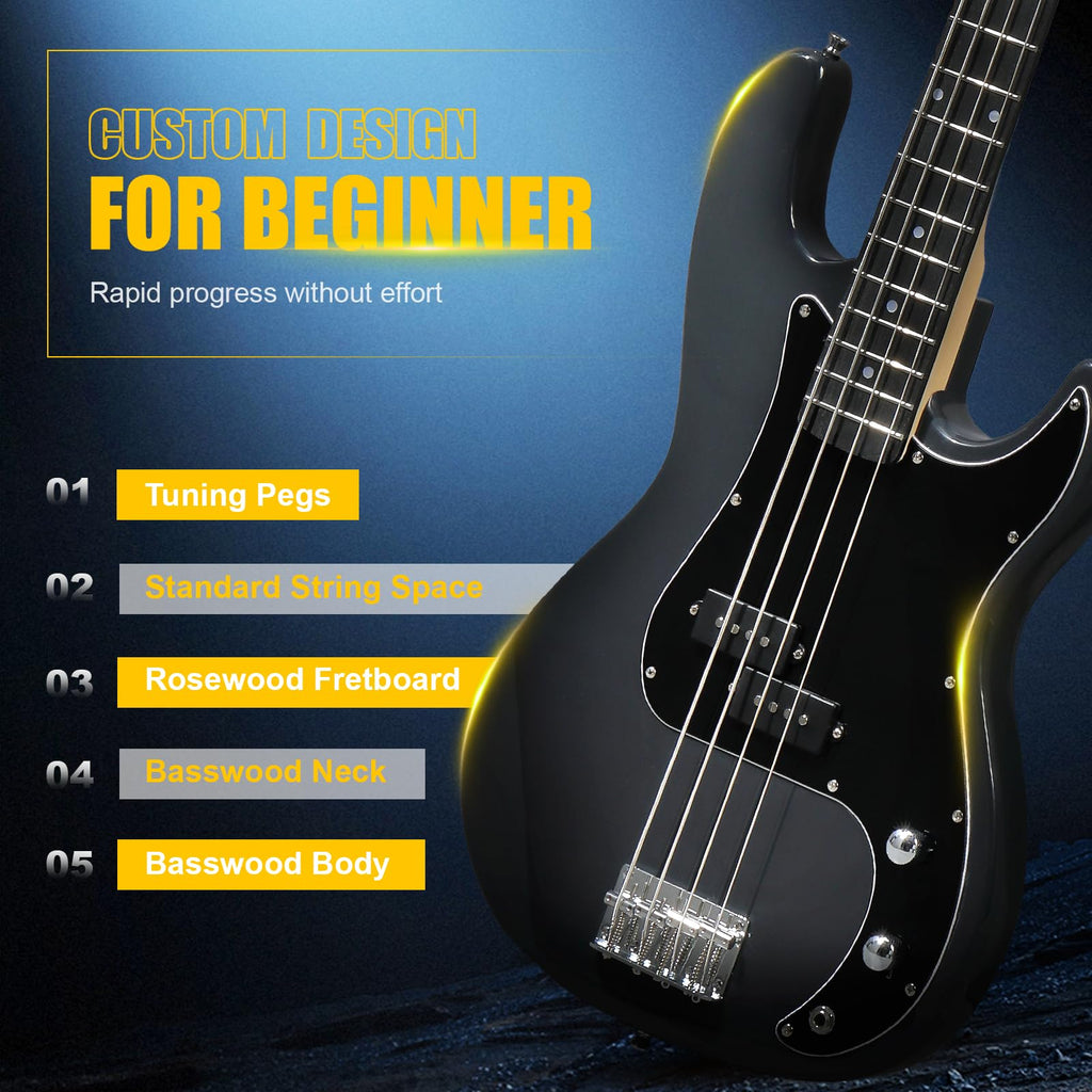 GLARRY Full Size Electric Bass Guitar Beginner Kit 4 String Exquisite Basswood Bass with 20W AMP, Cable, Strap, Bag and Accessories (Black, 39"Right Handed)