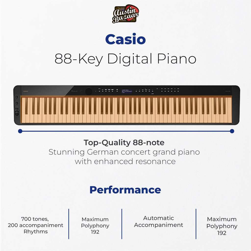 Casio Privia PX-S3100 Digital Piano - Black Bundle with Adjustable Stand, Bench, Headphones, Instructional Book, Online Lessons, Instructional DVD, and Austin Bazaar Polishing Cloth