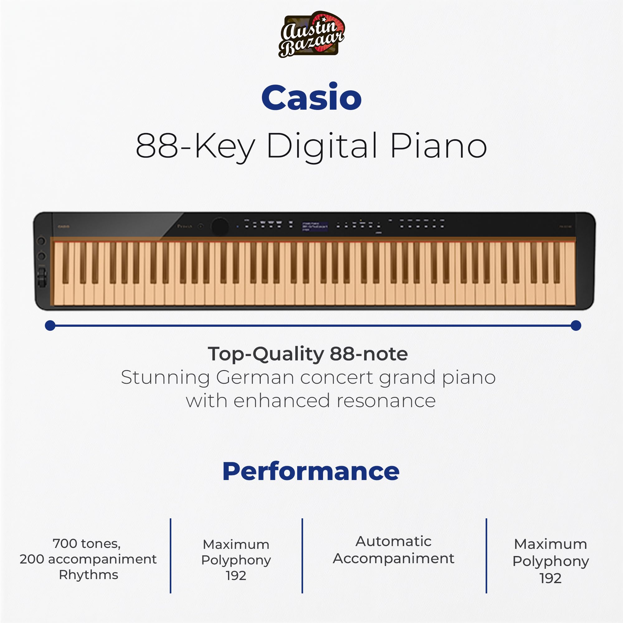 Casio Privia PX-S3100 Digital Piano - Black Bundle with Adjustable Stand, Bench, Headphones, Instructional Book, Online Lessons, Instructional DVD, and Austin Bazaar Polishing Cloth