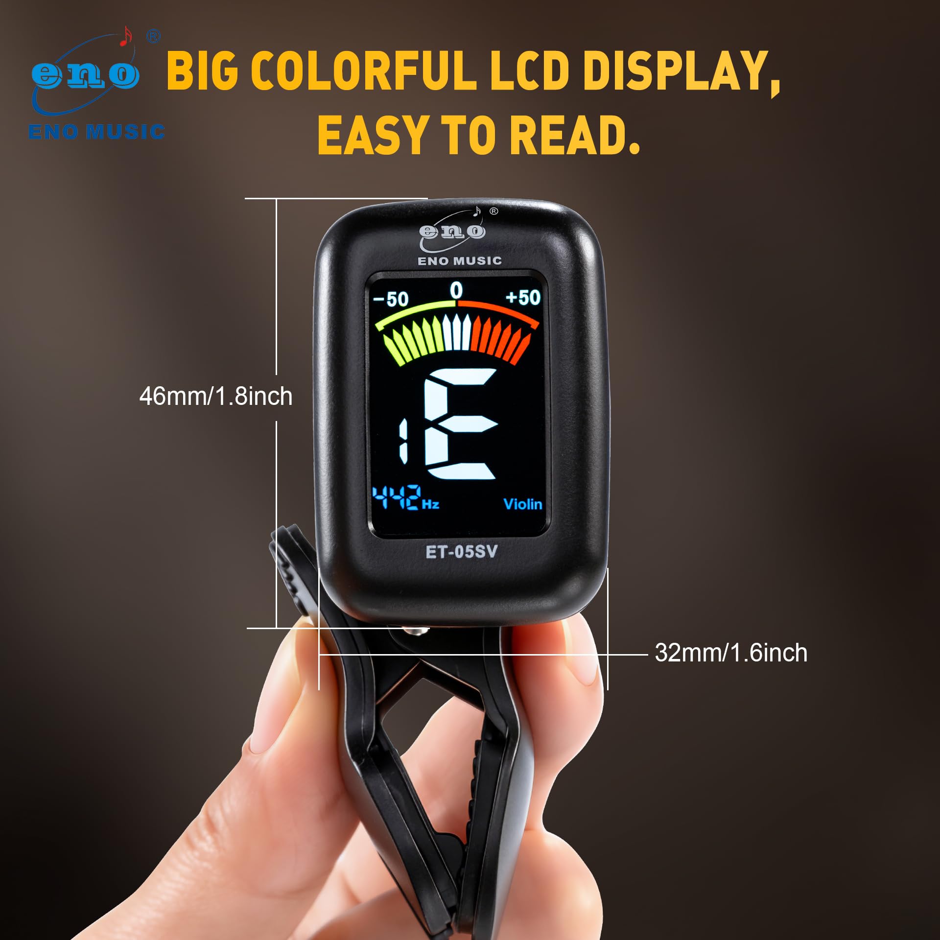 ENO MUSIC Rechargeable Type-C Quick Charge Easy Control Big LCD Display Easy Reading Clip-on Tuner for 4/4 Violin Viola Bass, Red