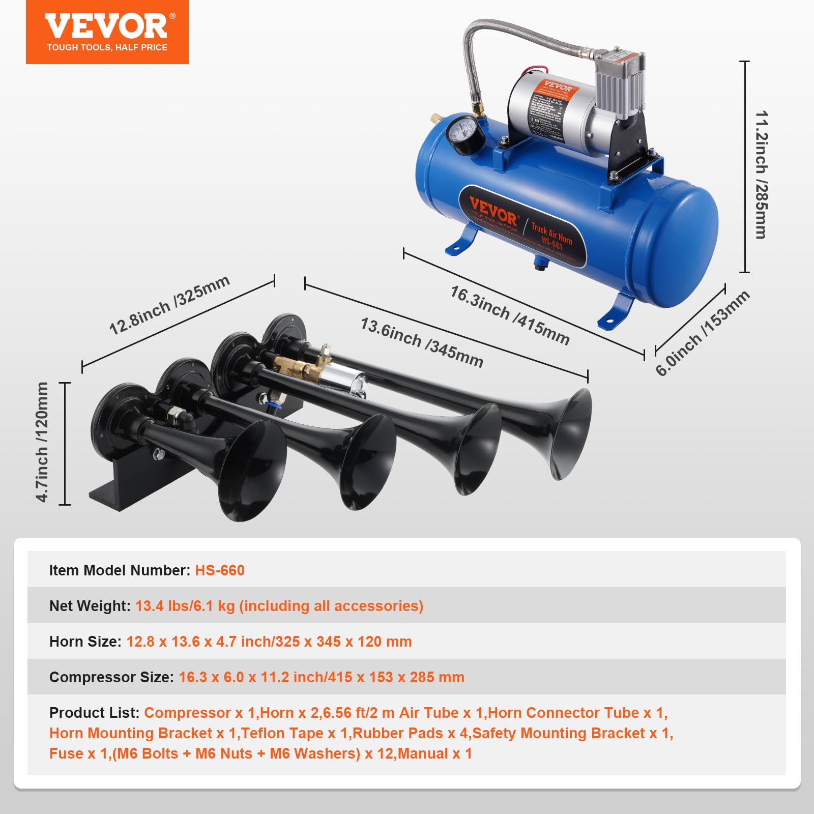 VEVOR 4 Trumpet Air Horn Kit, 150dB Train Horns for Pickup Trucks, 12V 120 psi Air Compressor 0.8 Gal/3 L Tank with Gauge for Any 12V Vehicle Car Truck Train Van Boat