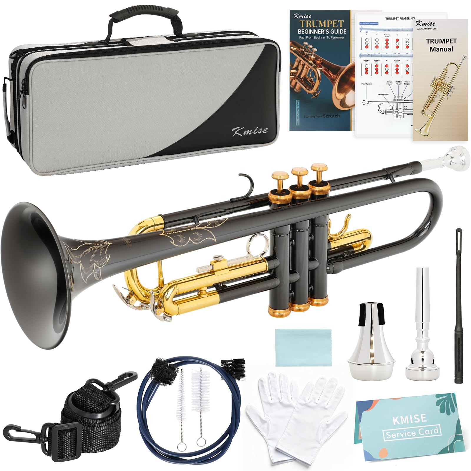 Kmise Bb Standard Trumpet, Premium Brass Trumpets for Student Beginner, Trumpet Instrument Set with Upgraded Case, 7C Mouthpiece, Mute, Beginner's Guide Kit, Cleaning Kit (Gold)