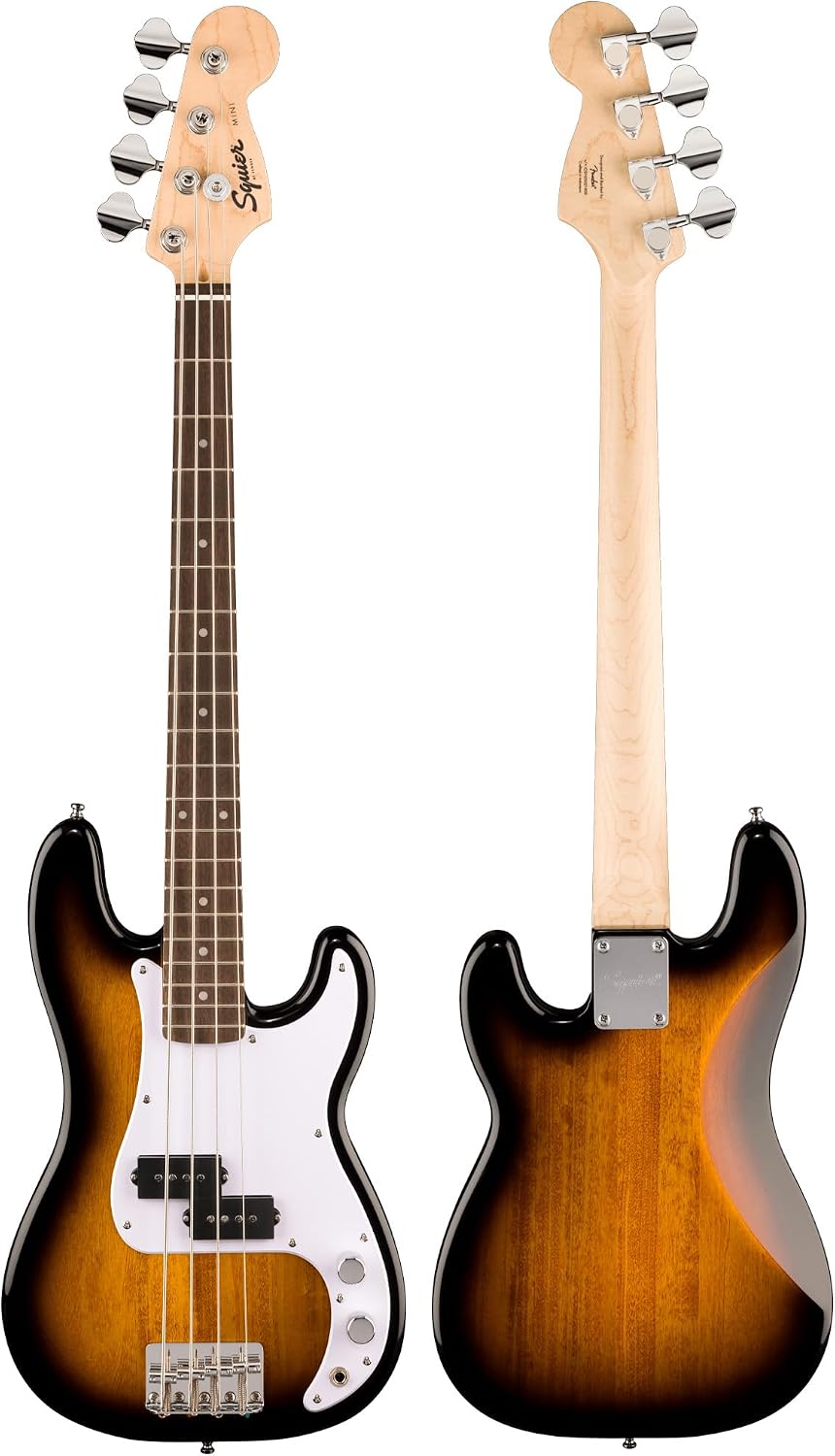 Fender Squier Mini Precision Bass Electric Guitar - 2-Color Sunburst Bundle with Instrument Cable, Tuner, Strap, Picks and Austin Bazaar Instructional DVD