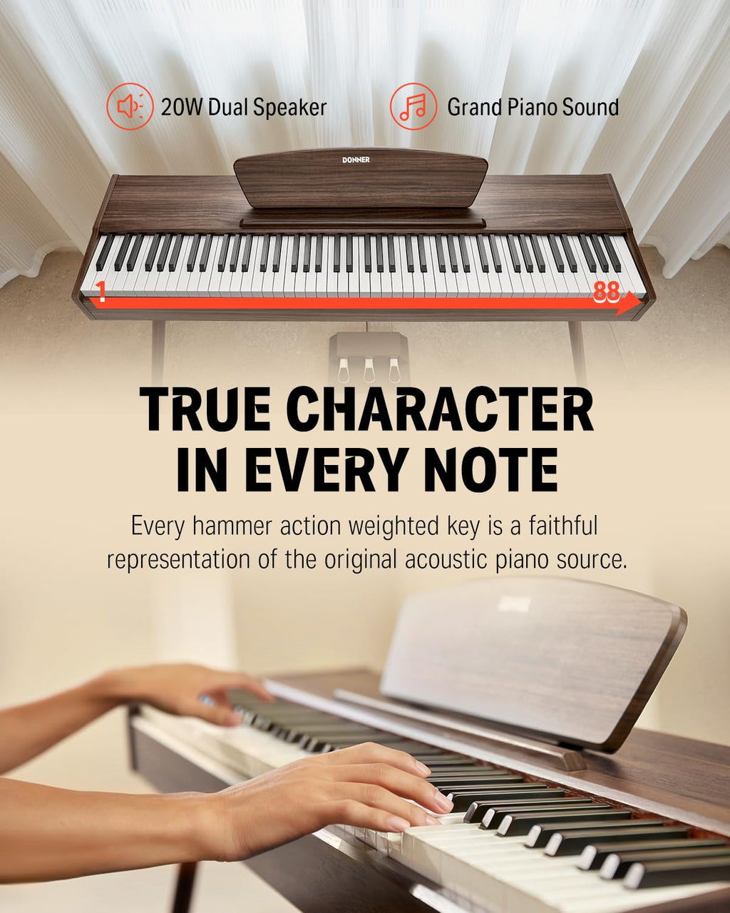 Donner DDP-80 PLUS Digital Piano 88 Key Weighted Keyboard, Home Electric Piano, Supports USB-MIDI & Headphones Connection, Semi-open Cover Designed, with Metal Three Pedal, Power Adapter