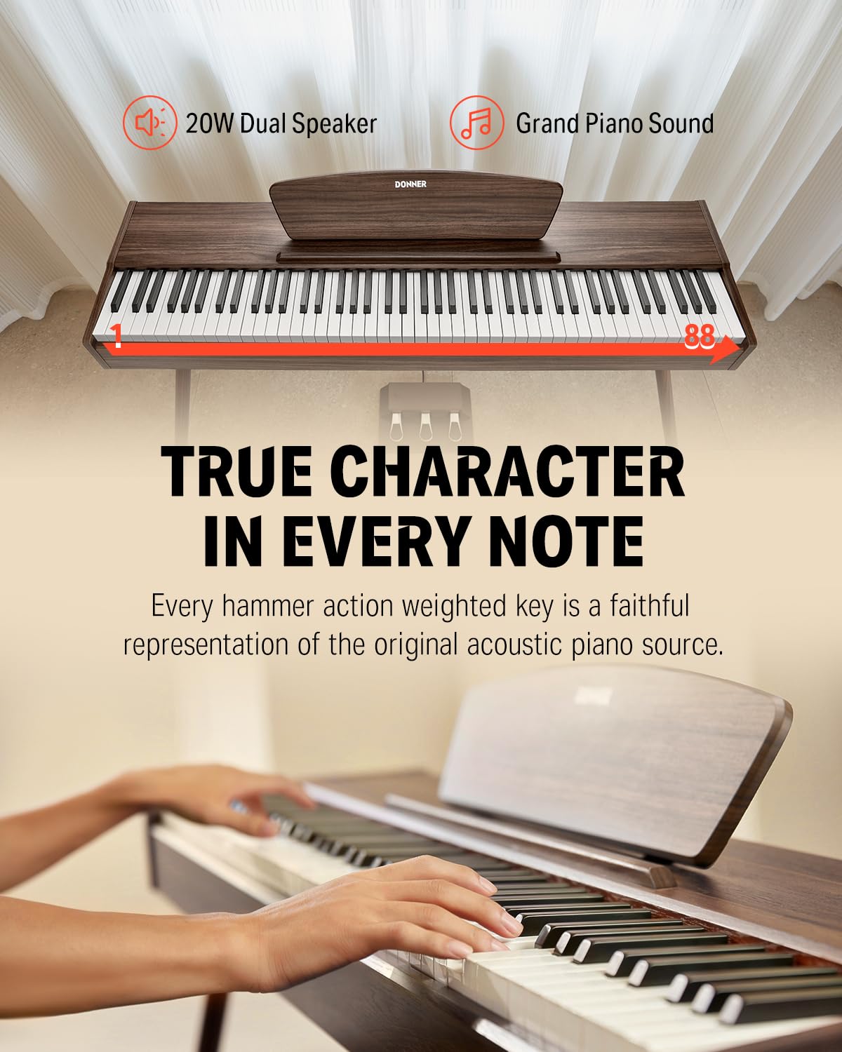 Donner DDP-80 PLUS Digital Piano 88 Key Weighted Keyboard, Home Electric Piano, Supports USB-MIDI & Headphones Connection, Semi-open Cover Designed, with Metal Three Pedal, Power Adapter
