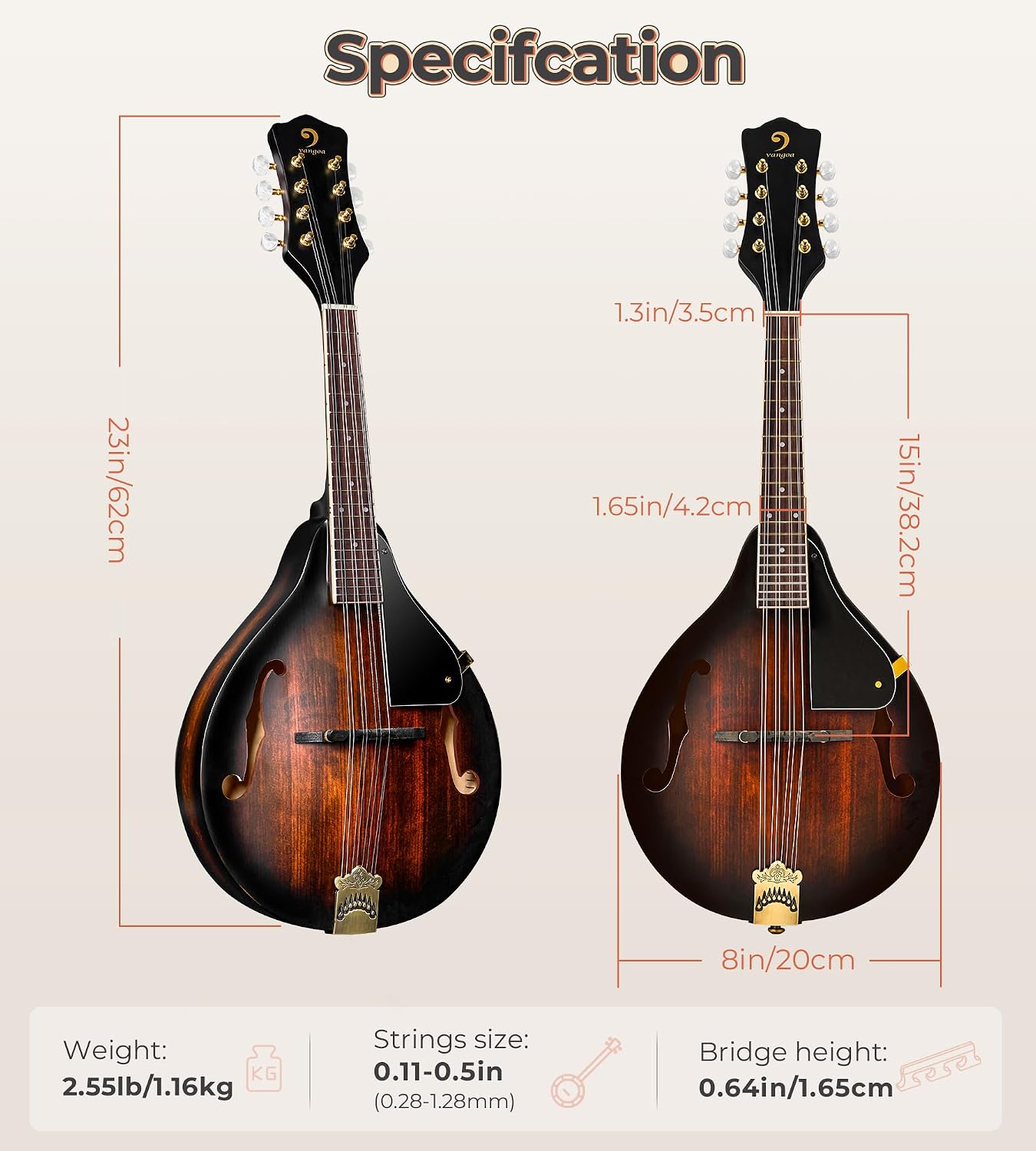 Vangoa Mandolin Instrument A Style, Acoustic Mandolin Musical Instrument Solid Spruce Top 8 String for Beginners, Adults, Teens, Dark Brown