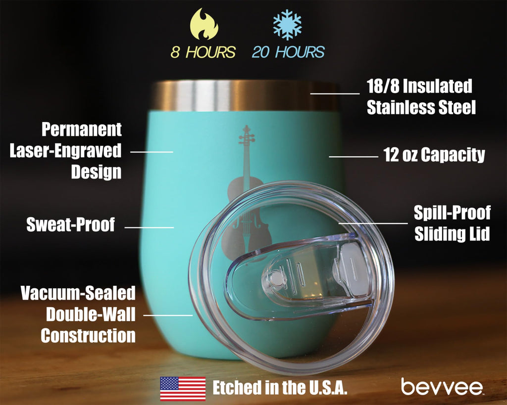 Bevvee Cello - Wine Tumbler Cup with Sliding Lid - Stainless Steel Insulated Mug - Orchestra Gifts for Cellists - Teal