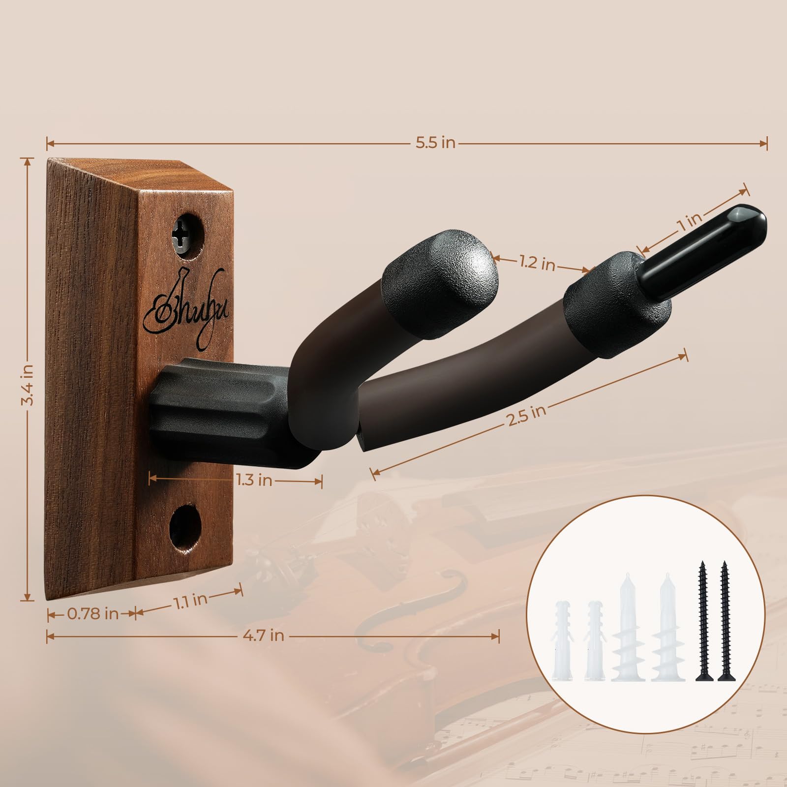 Ohuhu Violin Wall Mount Hanger, Hardwood Violin Viola Hanger with Bow Holder and Soft Padding for Home Studio Decor