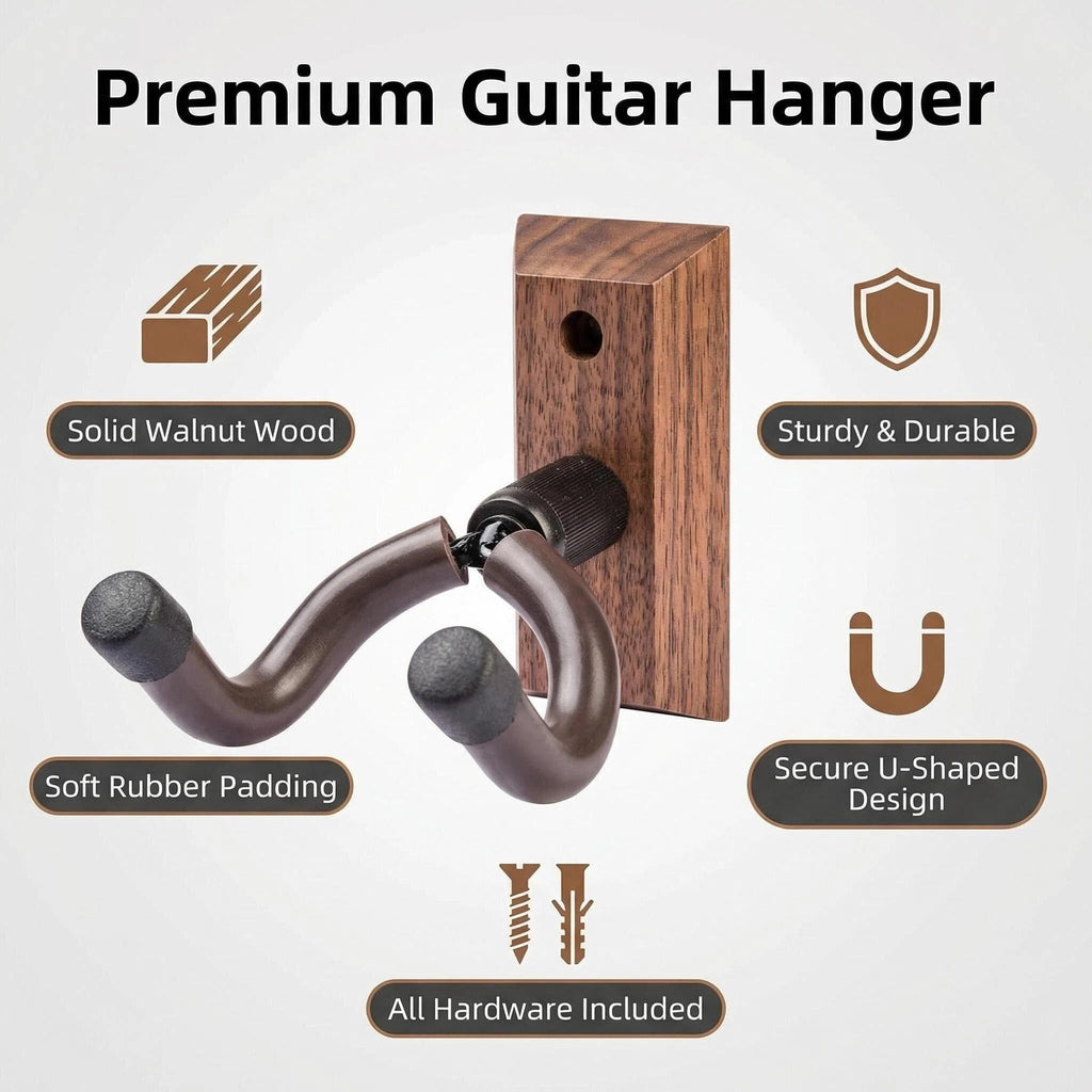 Guitar Wall Mount Hanger Brown Walnut 4 Pack, Guitar Wall Hangers Hooks Holder Stand Display with Screws - Easy to Install - Fits Guitars, Bass, Mandolin, Banjo