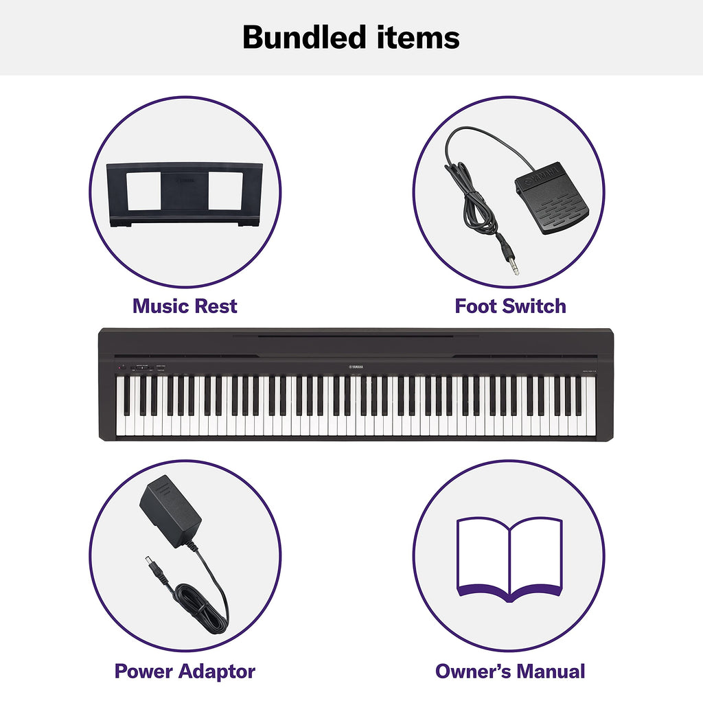 Yamaha P225 88-Key Digital Piano with Weighted Keys, Portable Design, Keyboard, Music Rest, Sustain Foot Switch, and Built-In Speakers, Black (P225B)