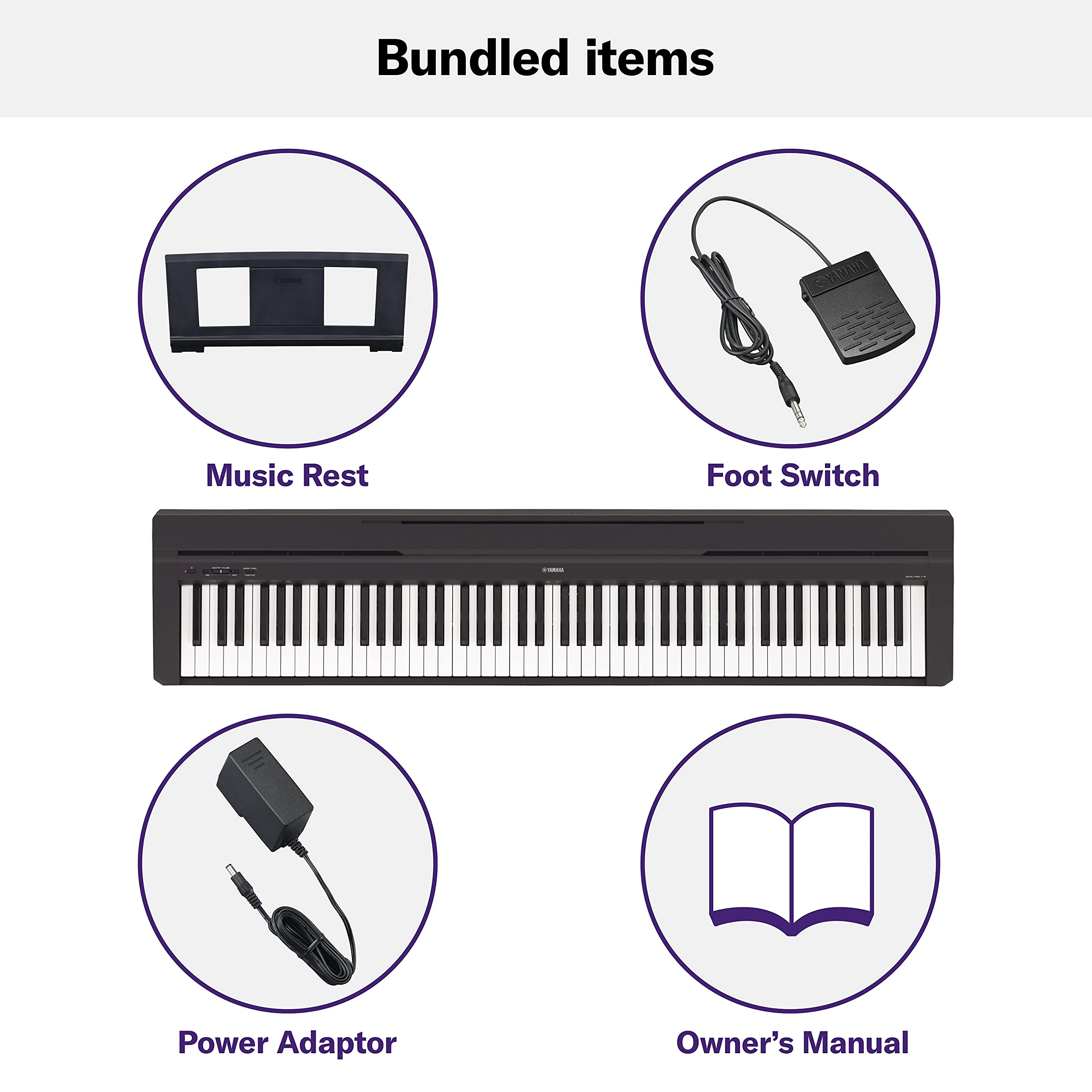 Yamaha P225 88-Key Digital Piano with Weighted Keys, Portable Design, Keyboard, Music Rest, Sustain Foot Switch, and Built-In Speakers, Black (P225B)