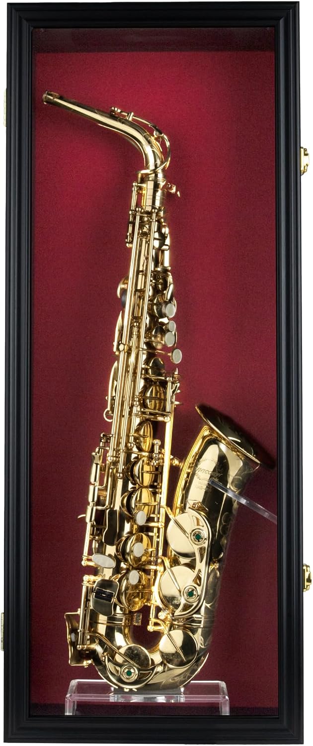 DisplayGifts Saxophone Display Case Saprano Alto Saxophone Stand Holder Wall Mount Shadow Box - 98% UV Protected & Lockable Black Frame
