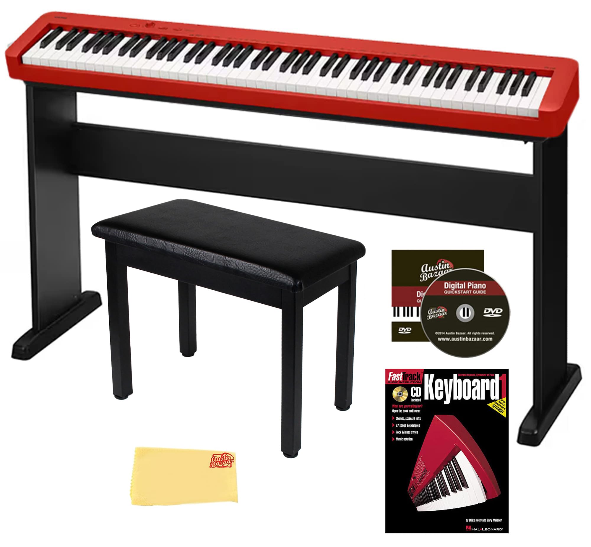 Casio CDP-S360 88-Key Compact Digital Piano - Black Bundle with CS-470P Stand, 3-Pedal System, Furniture Bench, Instructional Book, Online Lessons, Instructional DVD, and Austin Bazaar Polishing Cloth