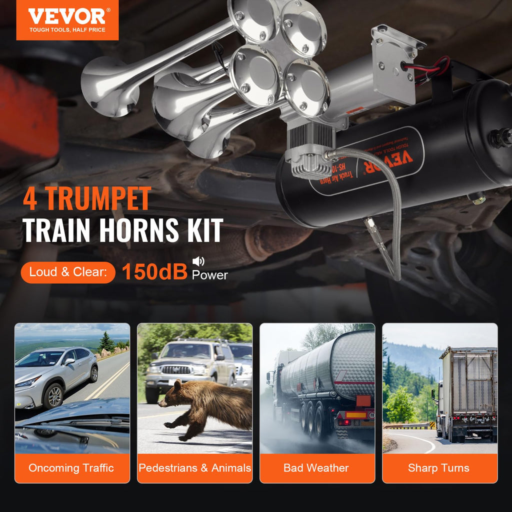 VEVOR 4 Trumpet Air Horn Kit, 150dB Train Horns for Pickup Trucks, 12V 120 psi Air Compressor 0.8 Gal/3 L Tank with Gauge for Any 12V Vehicle Car Truck Train Van Boat